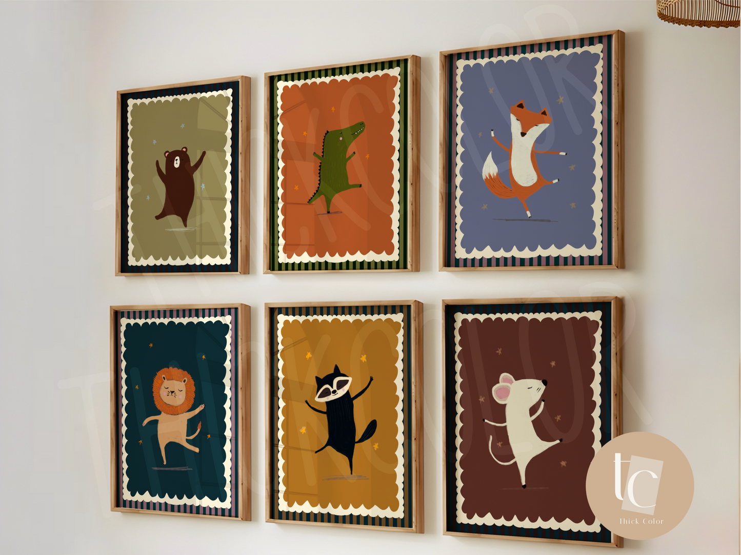 Bear dancing Green Background with Stripes Nursery Print