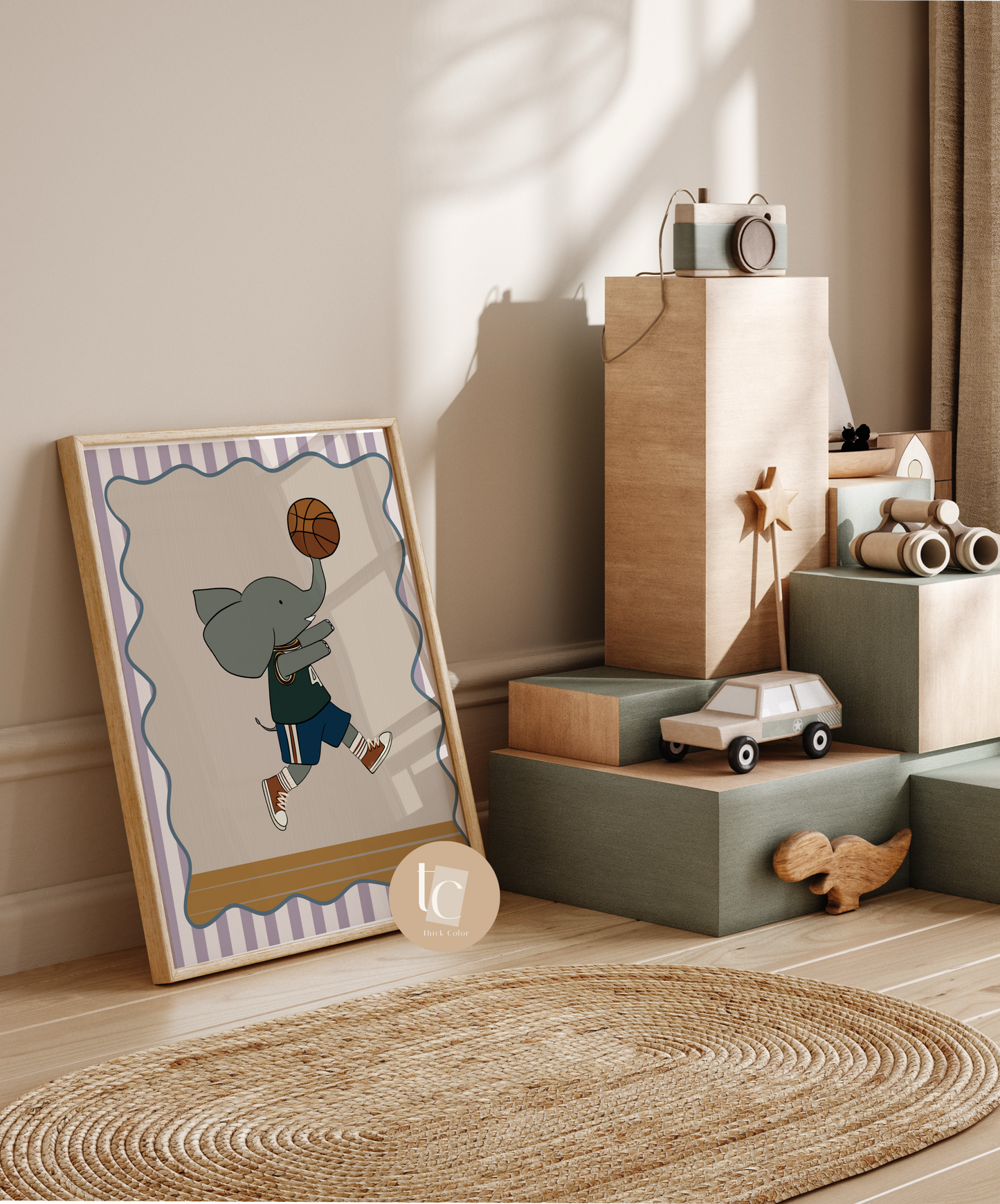Cute elephant playing basketball with striped background Nursery print