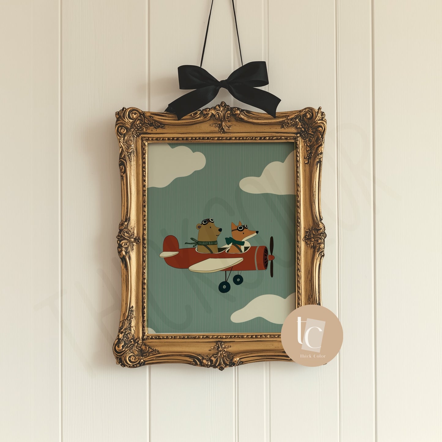 Cute Fox And Bear flying a jet plane with striped background Nursery print