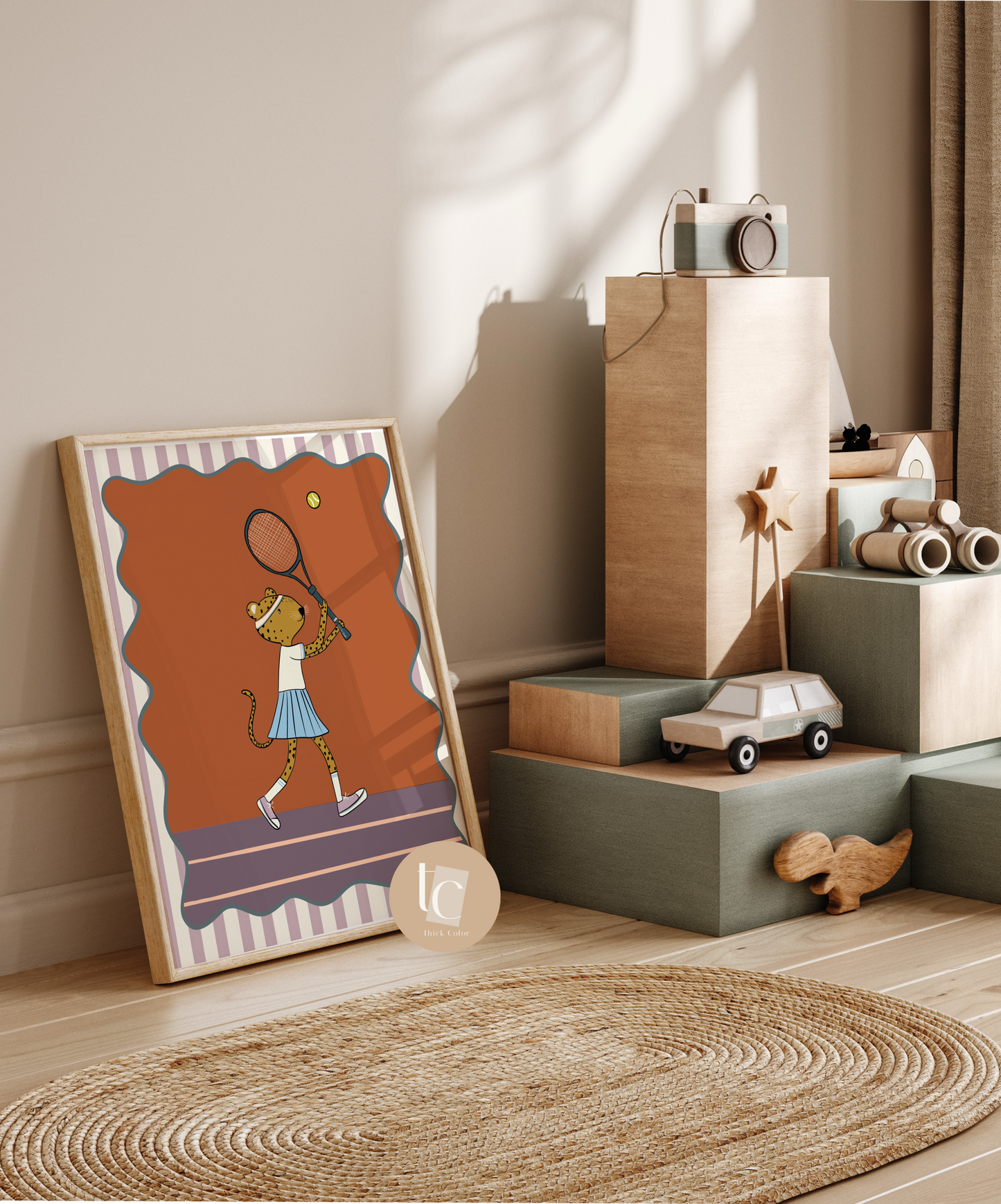 Cute leopard playing tennis with striped background Nursery print