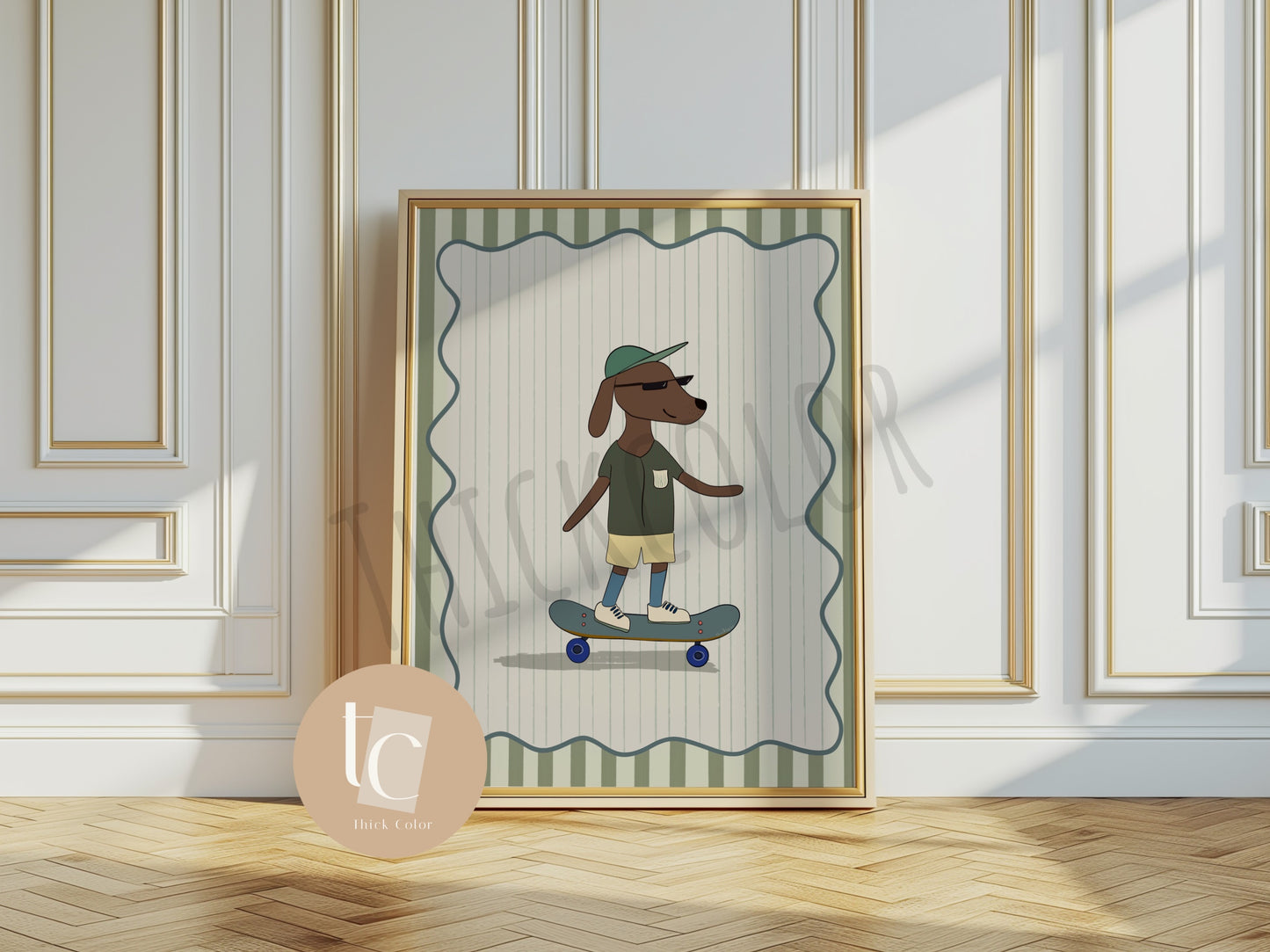 Cute Daschund dog skateboarding with striped background Nursery print