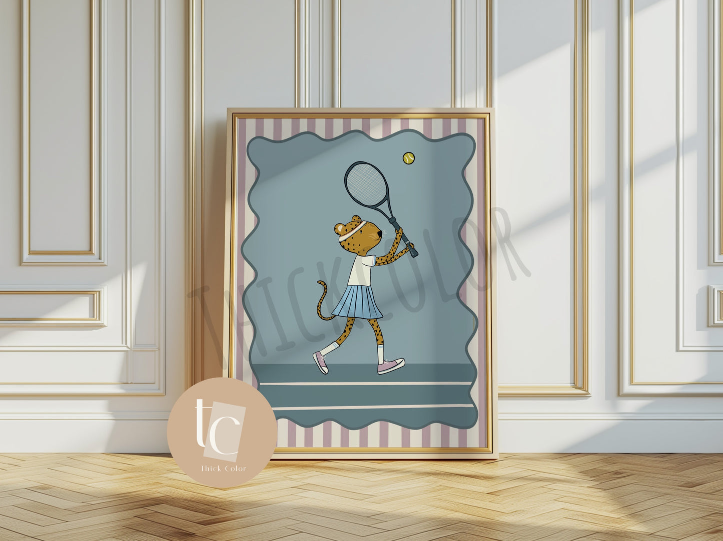 Cute leopard playing tennis with striped background Nursery print