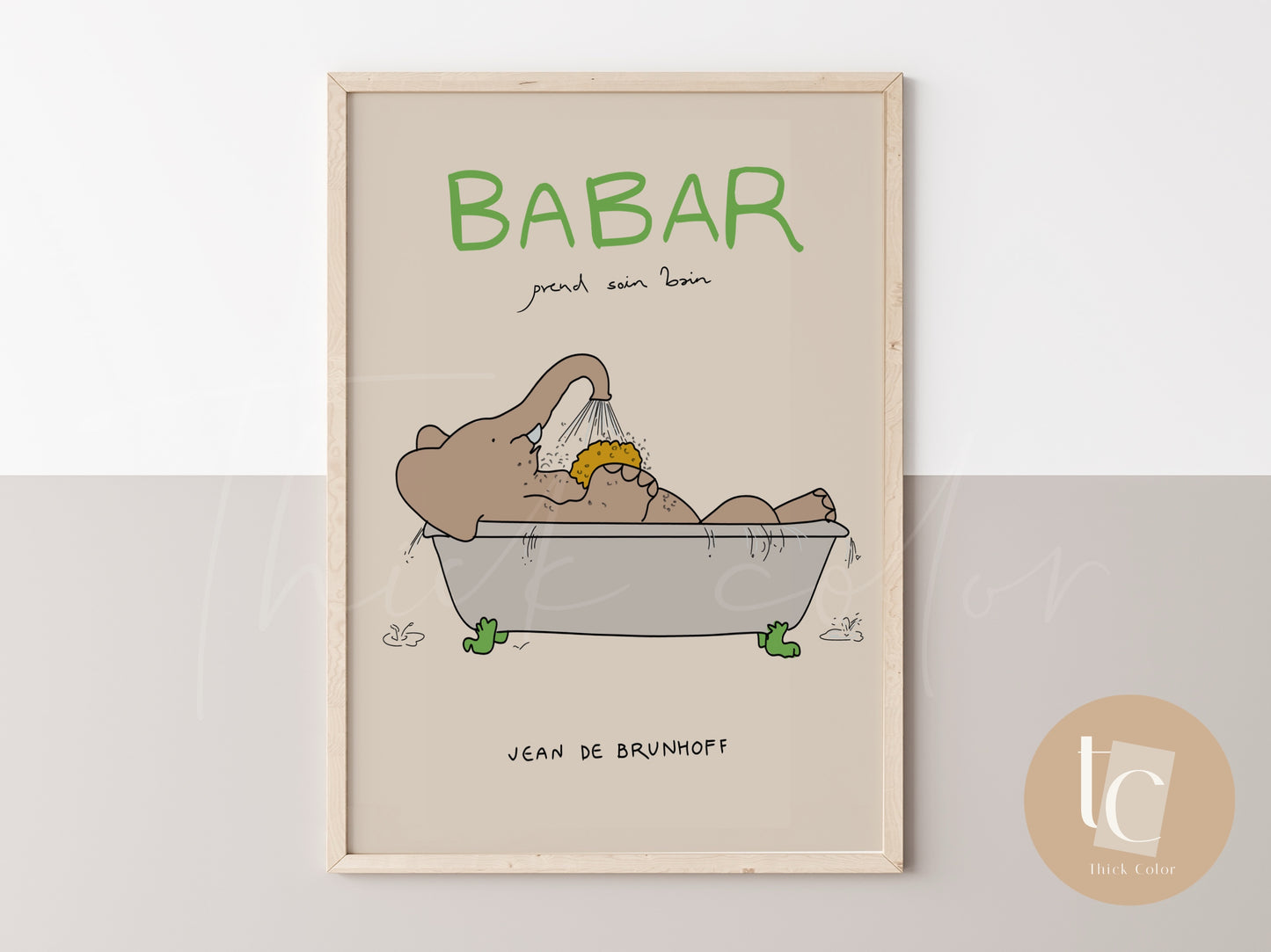 Babar the elephant prend le bain nursery wall art retro kids decor quote wall art genre neutral baby wall art illustration nursery print