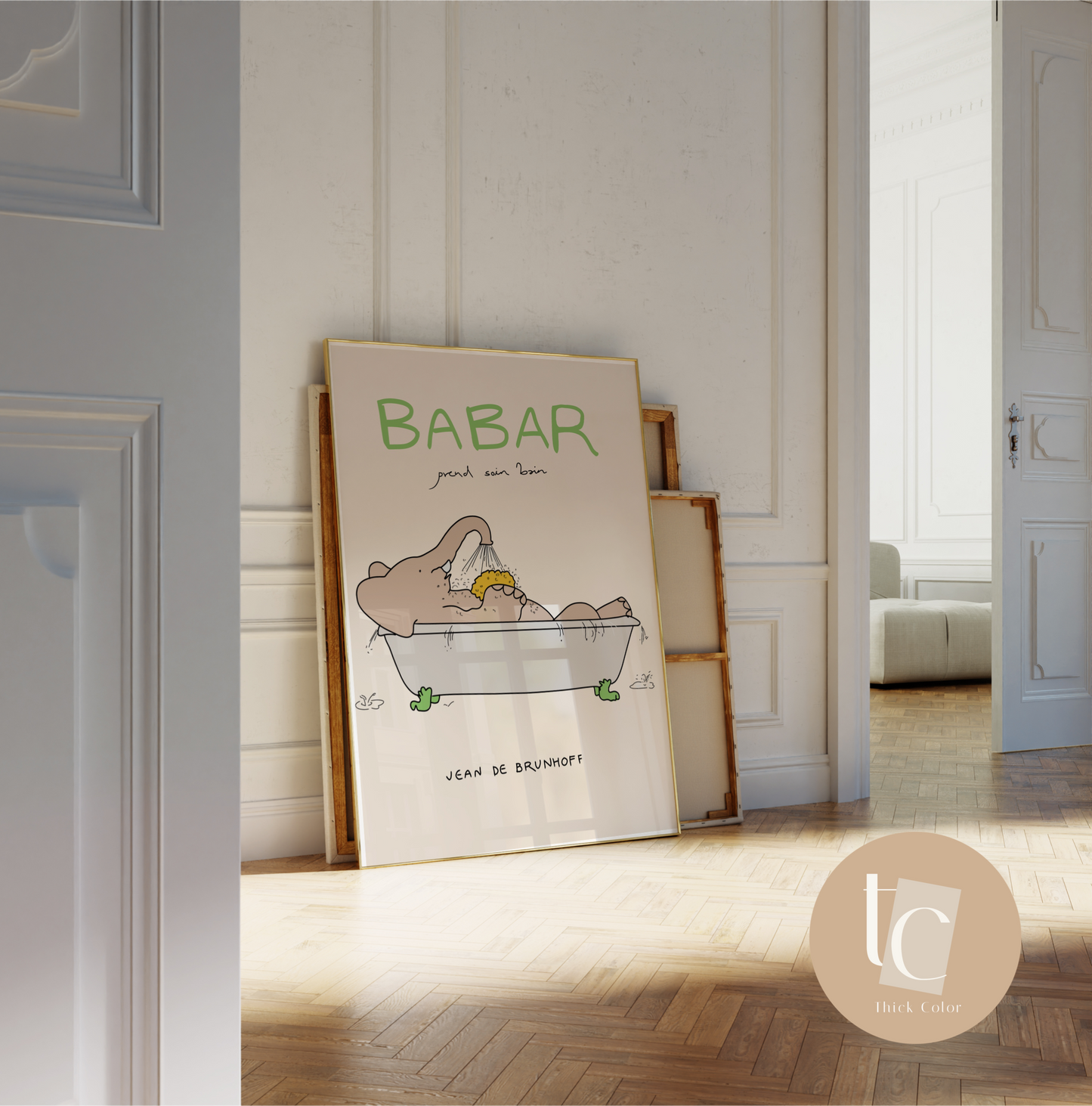 Babar doing yoga bath play elephant nursery wall art retro kids decor quote wall art genre neutral baby wall art illustration nursery print