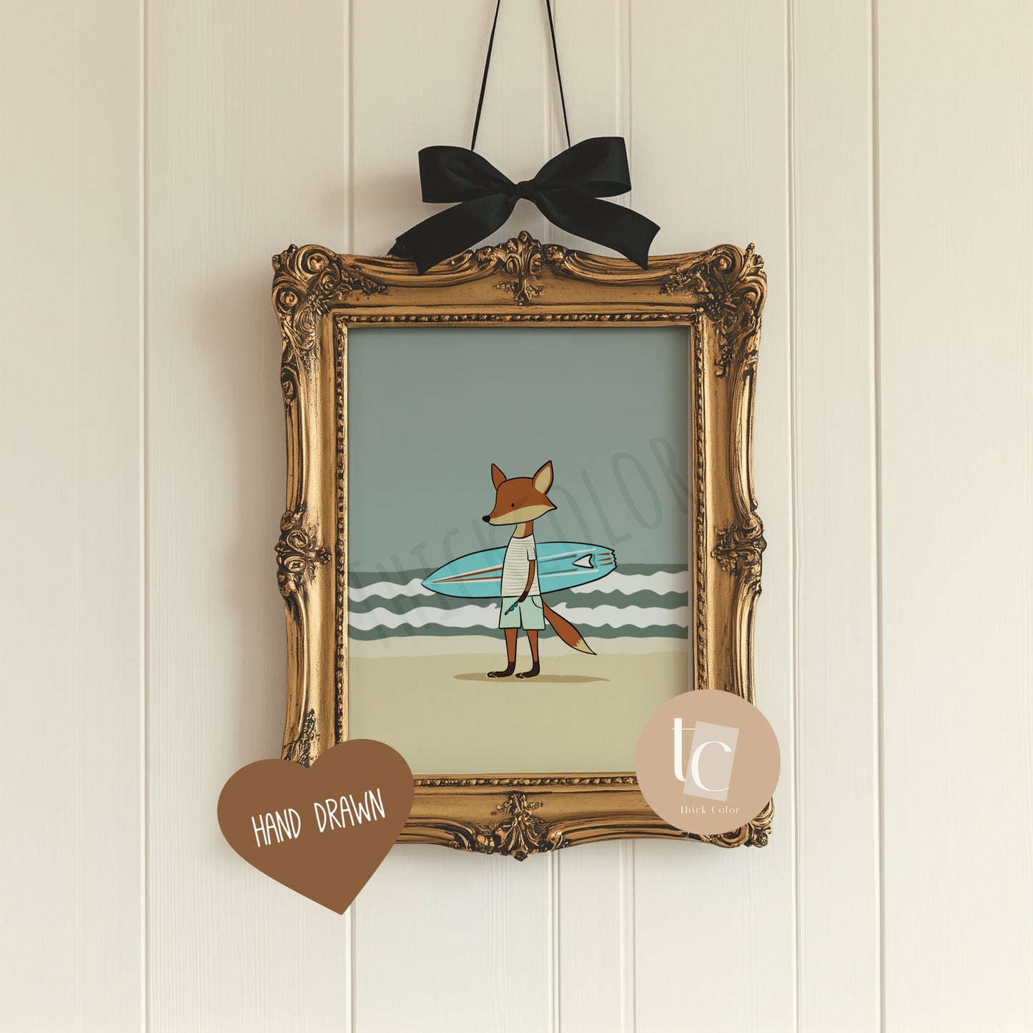 Cute fox with surfboard Nursery print