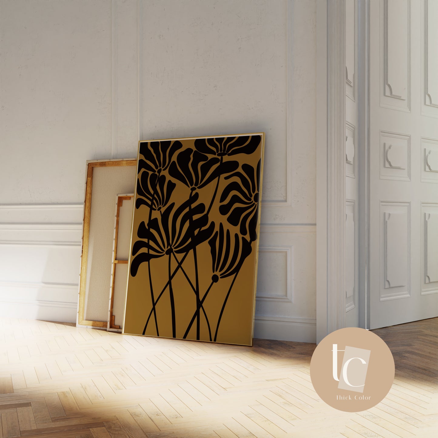 Ochre black flower stem botanical print