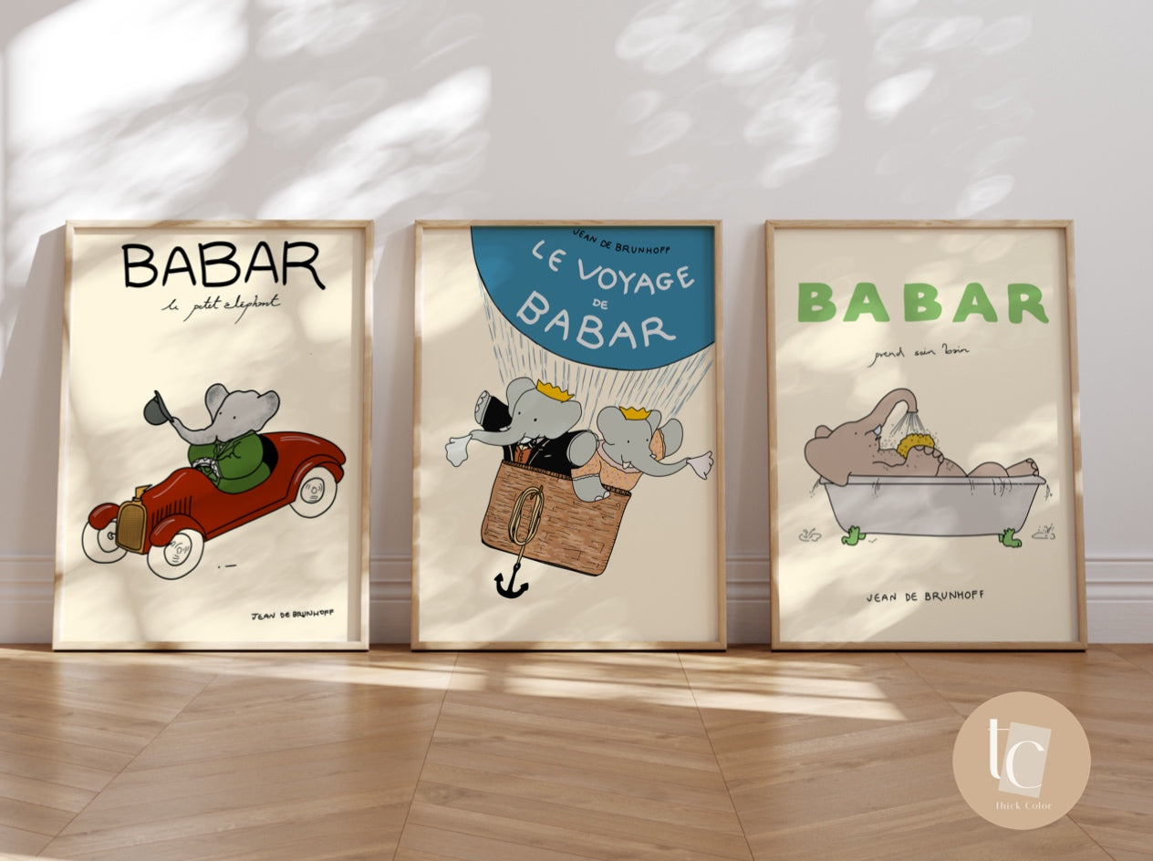 Babar doing yoga bath play elephant nursery wall art retro kids decor quote wall art genre neutral baby wall art illustration nursery print