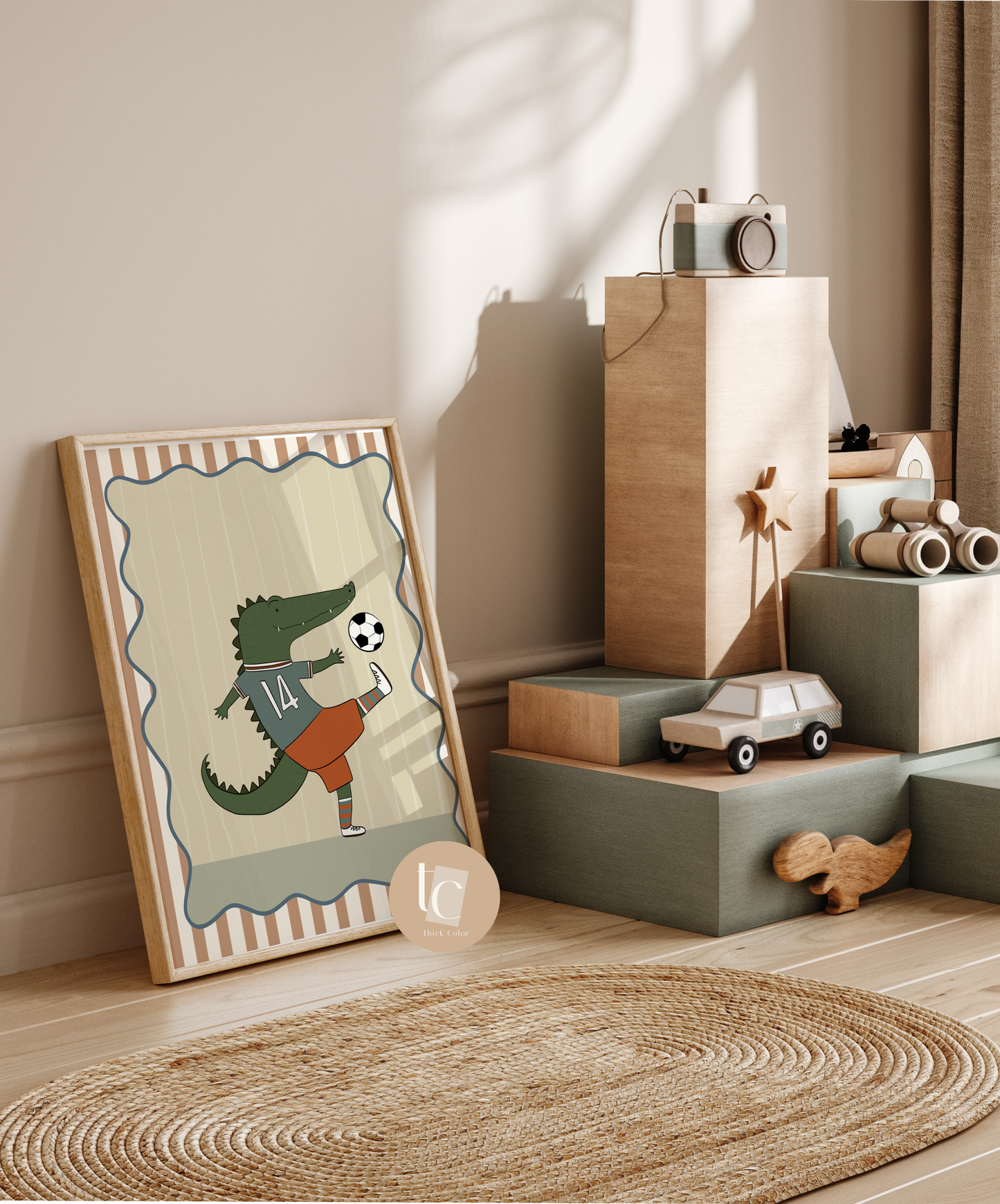Cute Crocodile playing soccer with striped background Nursery print