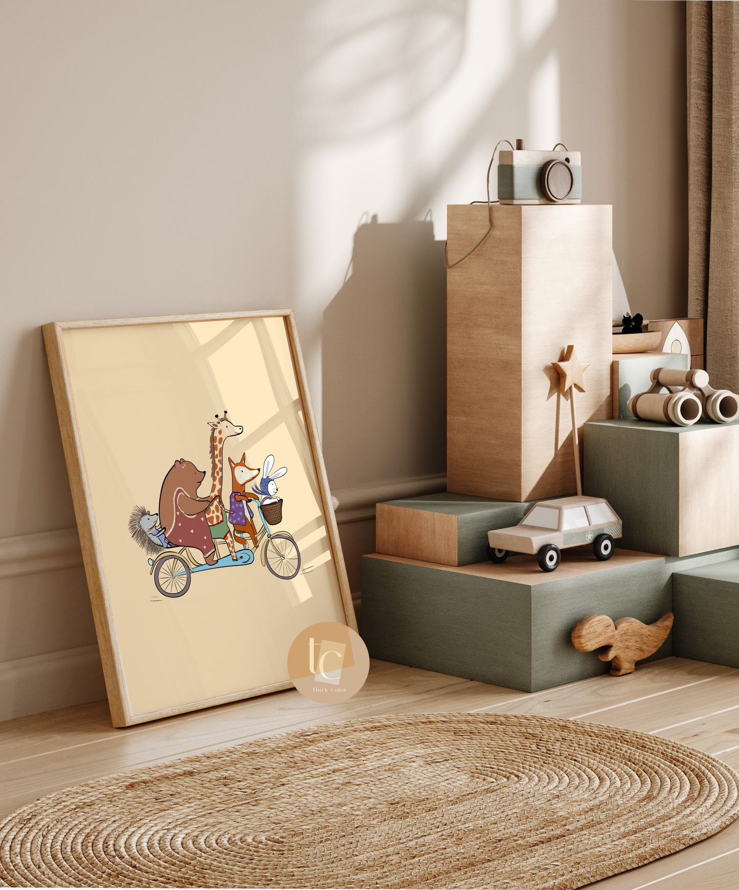 Woodland Animals Friend Riding a Bicycle Pile Nursery print