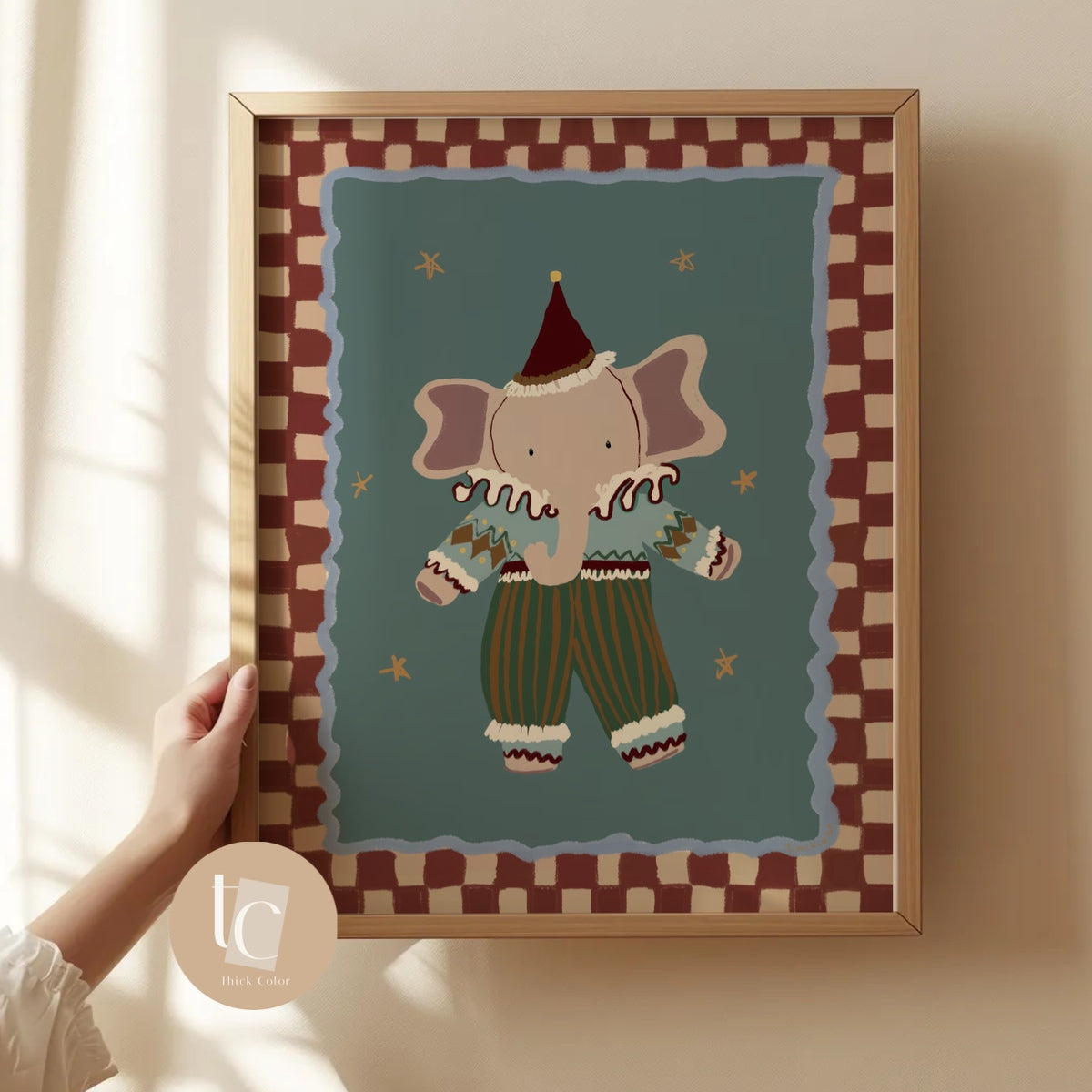 Whimsical elephant with red hat nursery print