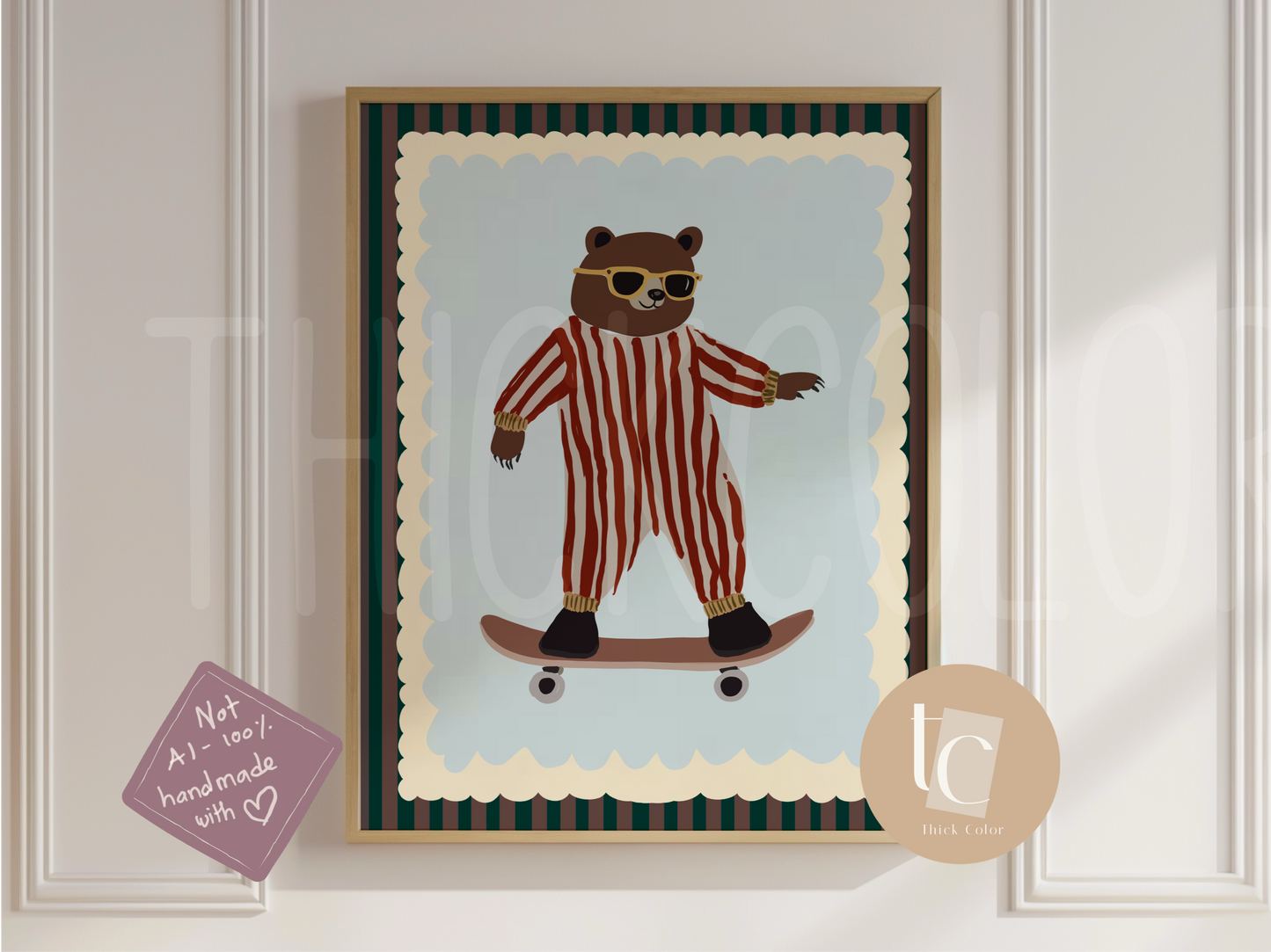 Cute bear with striped outfit skateboarding Nursery print