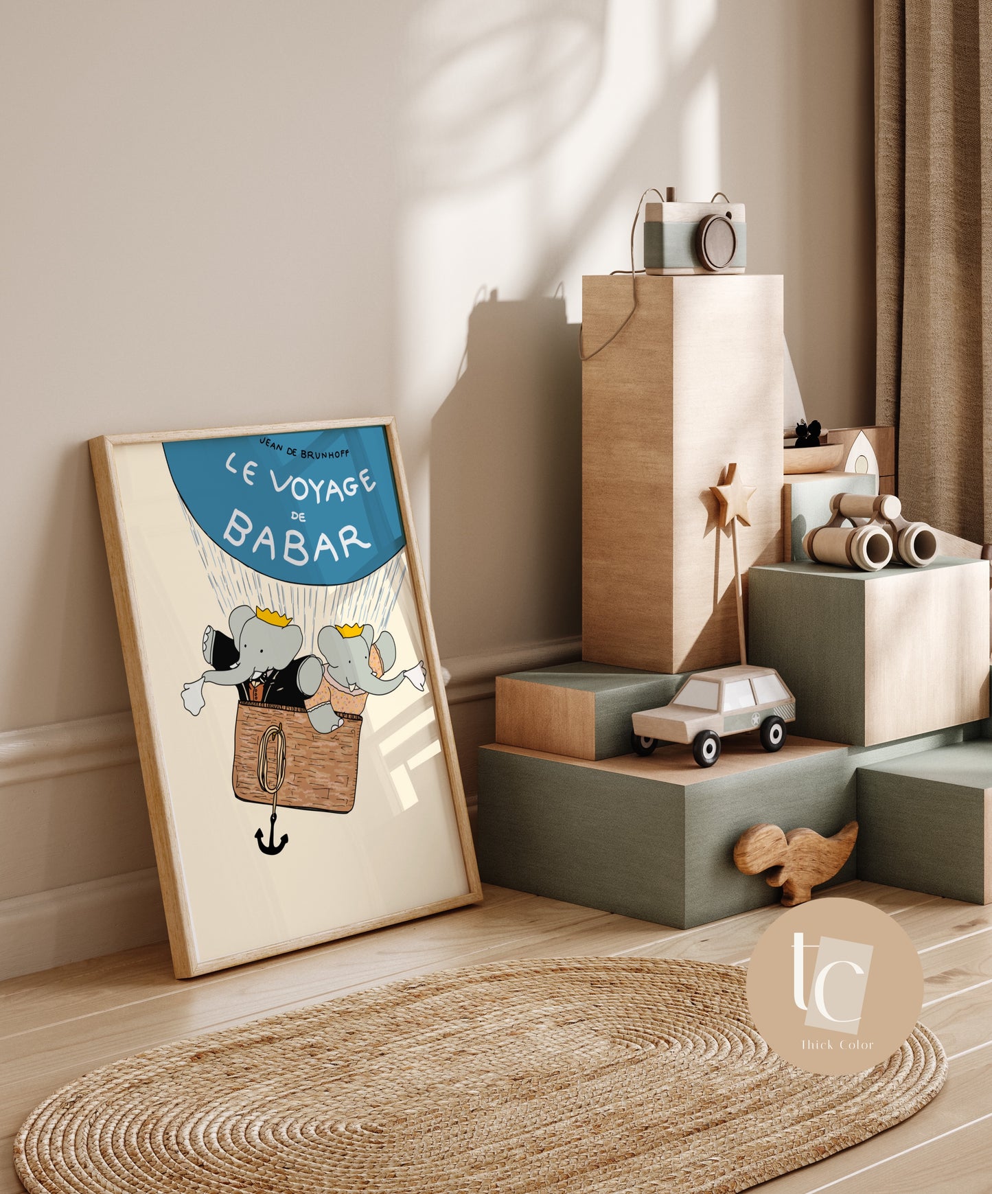 Babar the elephant hot air balloon nursery wall art retro kids decor quote wall art genre neutral baby wall art illustration nursery print