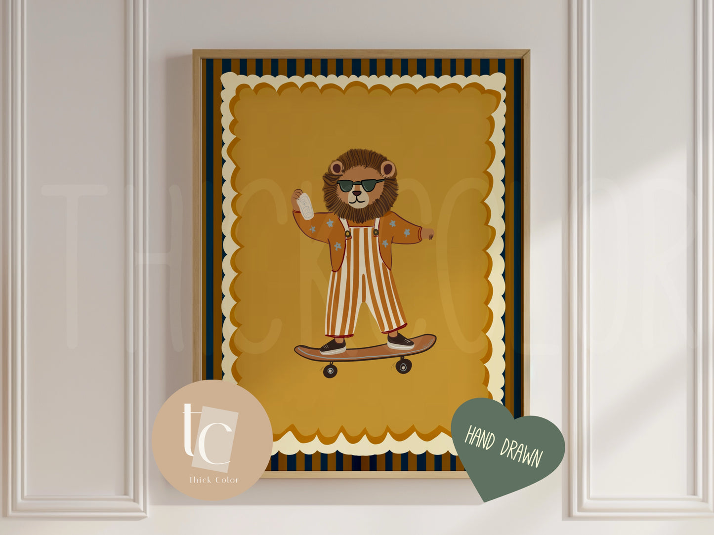 Cute lion with striped outfit skateboarding Nursery print