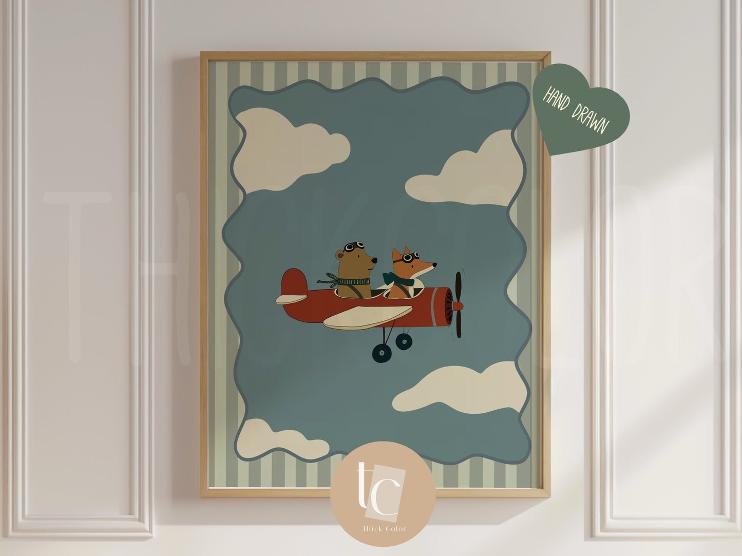Cute Fox And Bear flying a jet plane with striped background Nursery print