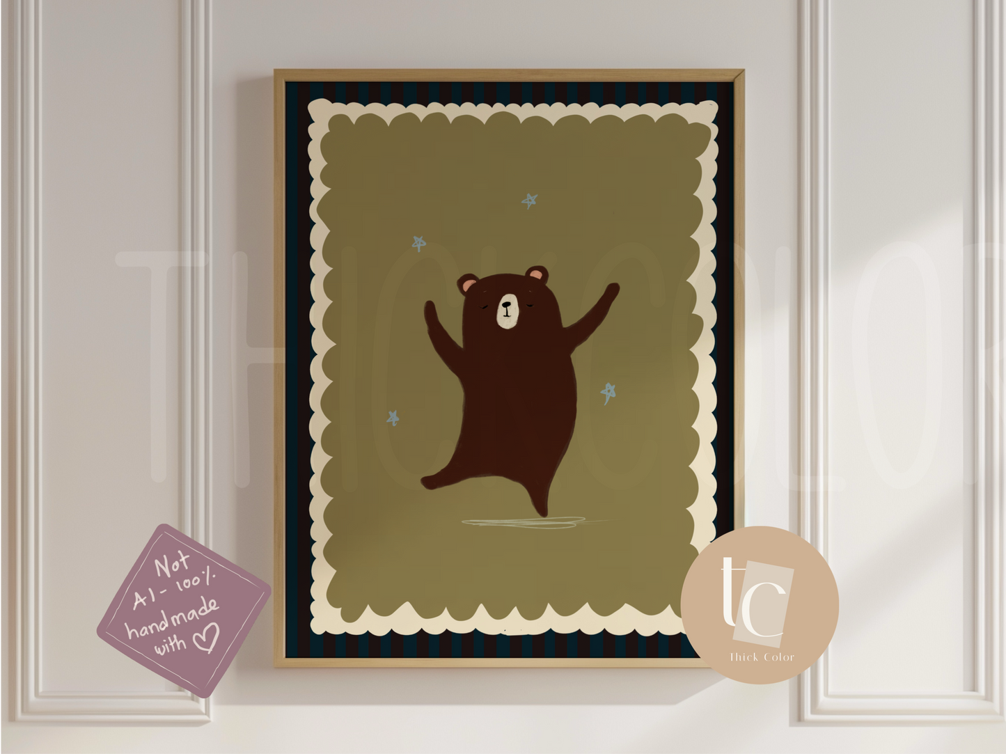 Bear dancing Green Background with Stripes Nursery Print