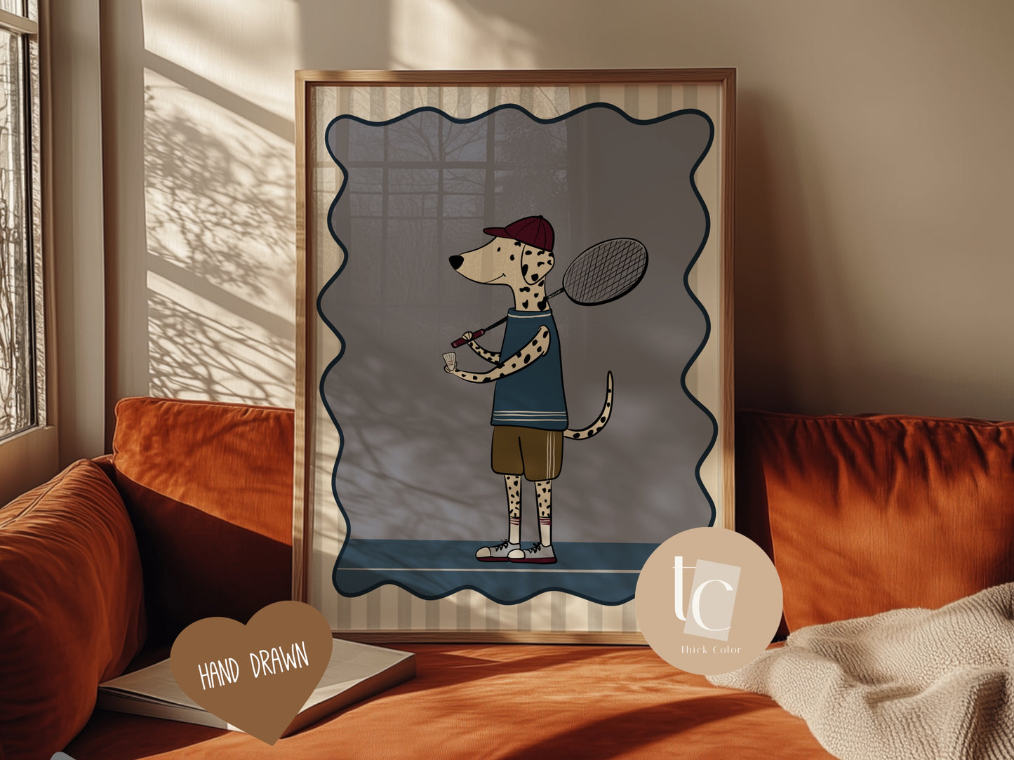 Cute Dalmatian playing badminton with striped background Nursery print