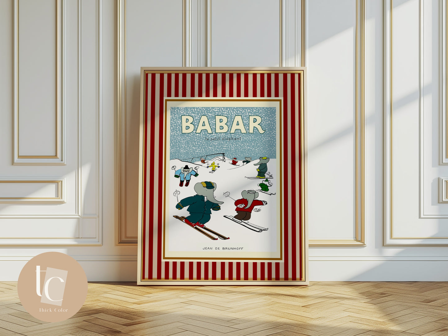 Babar the elephant va skier ski nursery wall art retro kids decor quote wall art genre neutral baby wall art illustration nursery print