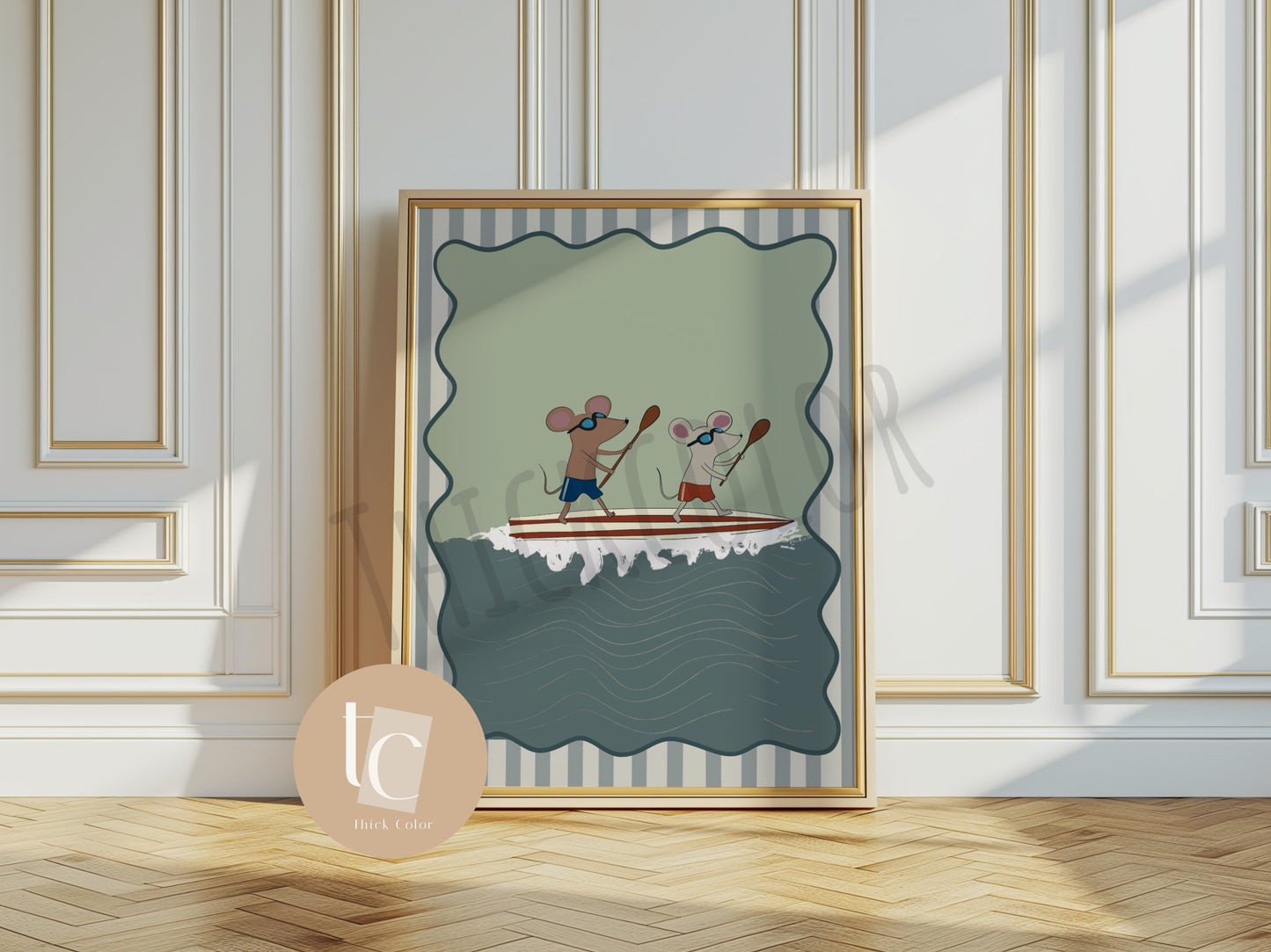 Cute Mice paddle boarding with striped background Nursery print
