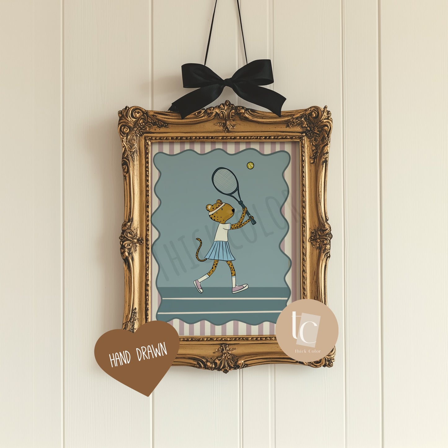 Cute leopard playing tennis with striped background Nursery print