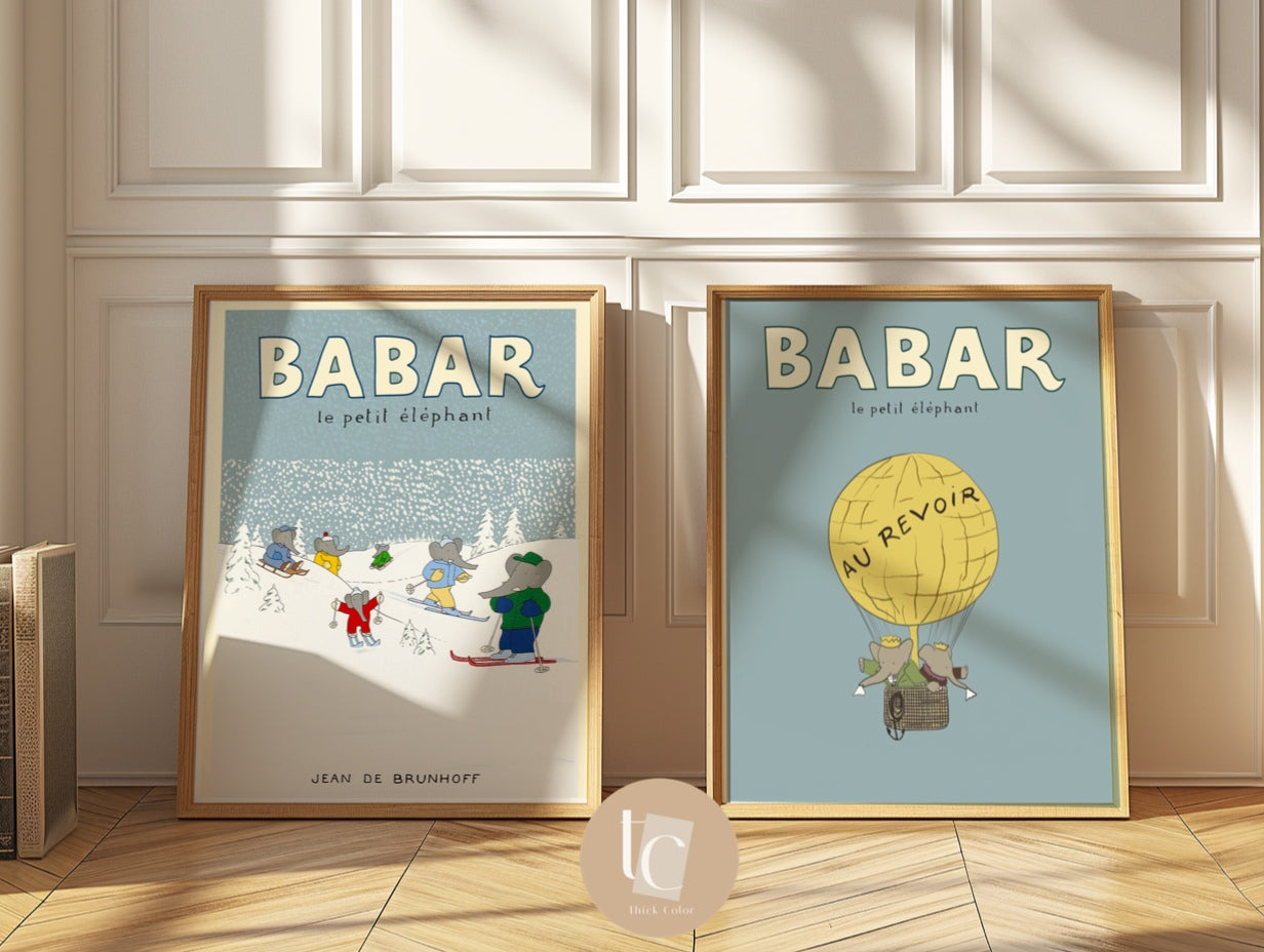 Babar the elephant ski in the snow nursery wall art retro kids decor quote wall art genre neutral baby wall art illustration nursery print