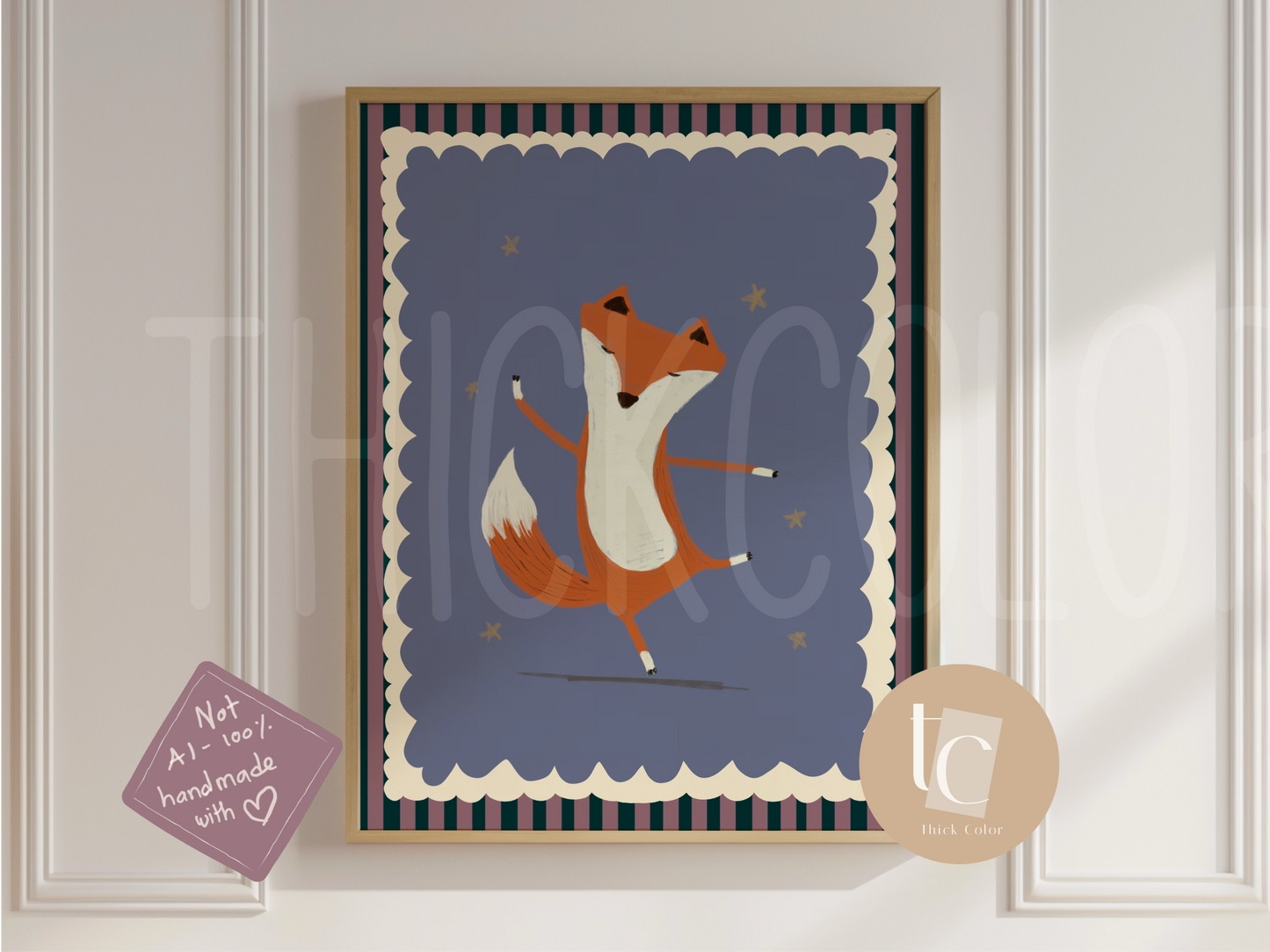 Dancing Fox with Purple Background with Stripes Nursery Print