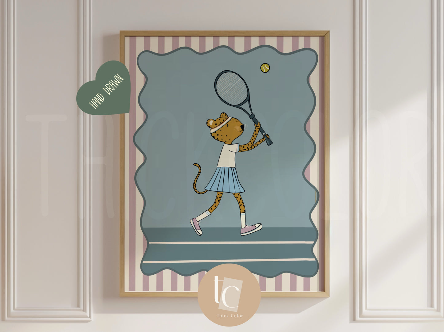 Cute leopard playing tennis with striped background Nursery print
