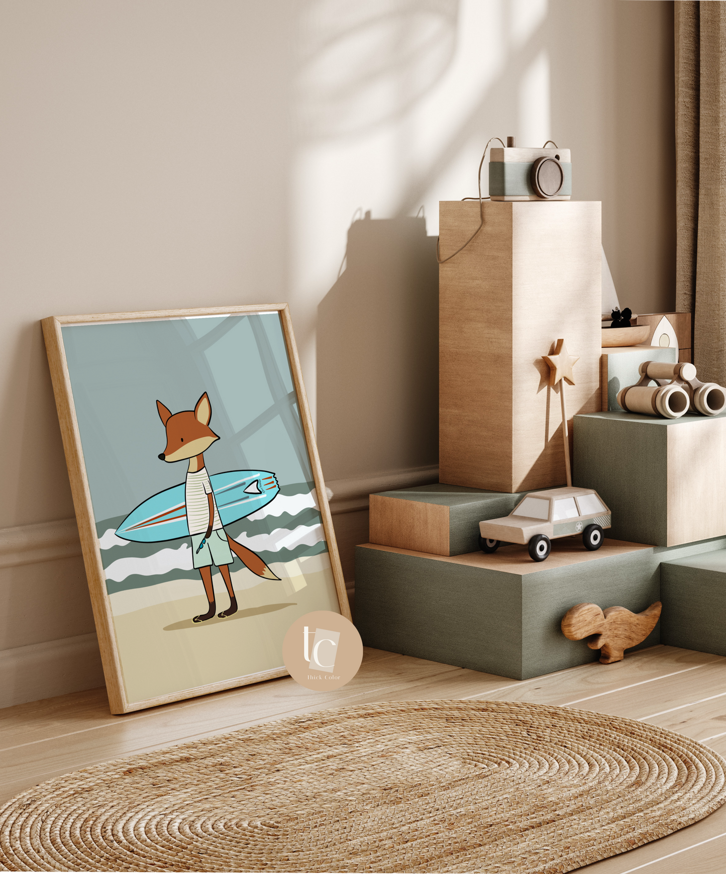 Cute fox with surfboard Nursery print