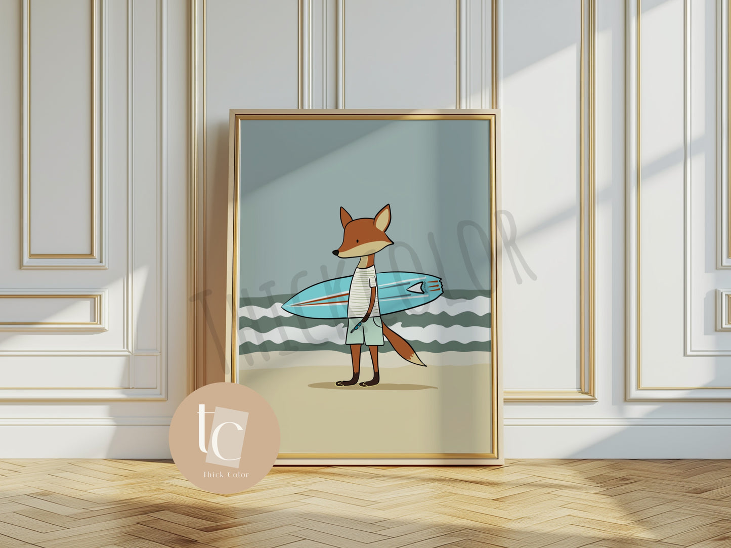 Cute fox with surfboard Nursery print