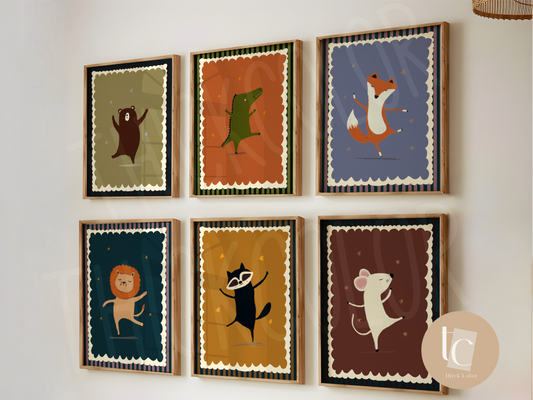Set of 6 woodland animals dancing cute nursery prints