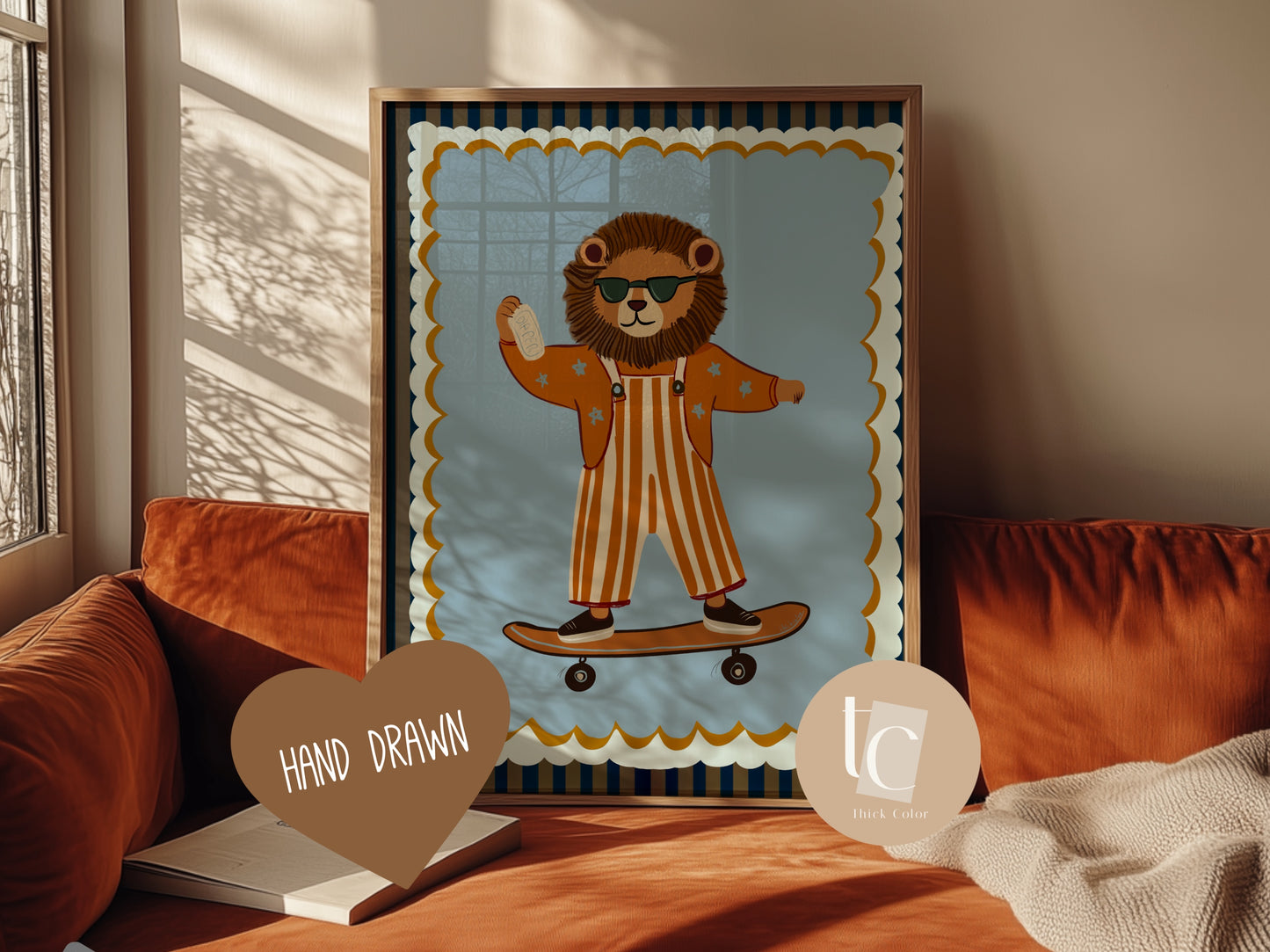 Cute lion with striped outfit skateboarding Nursery print