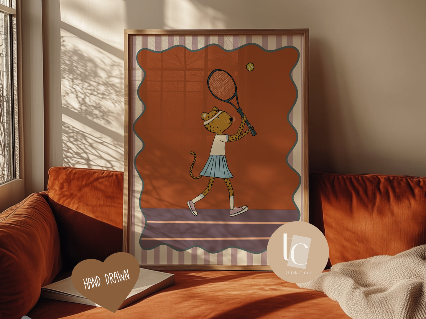 Cute leopard playing tennis with striped background Nursery print