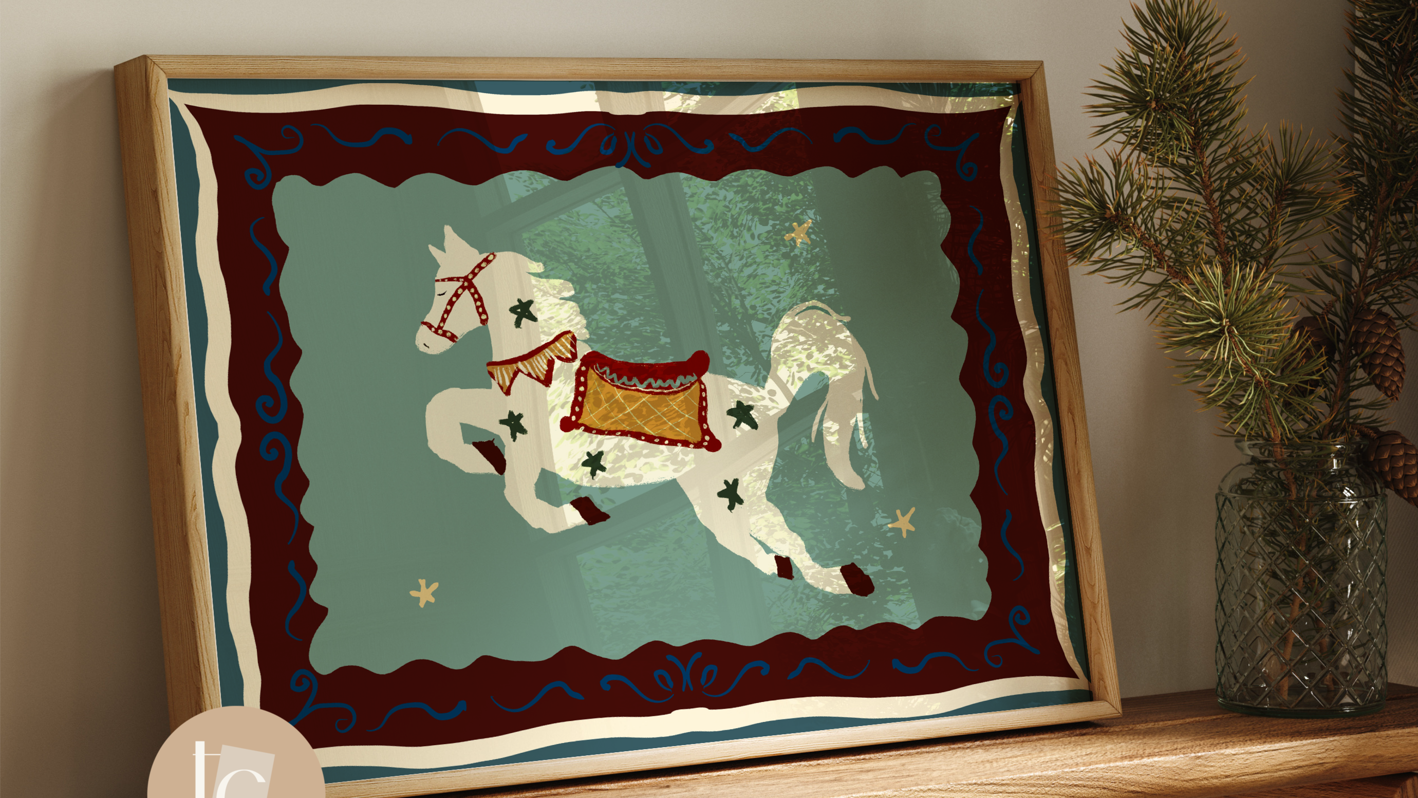 Decorative framed nursery print of a horse 