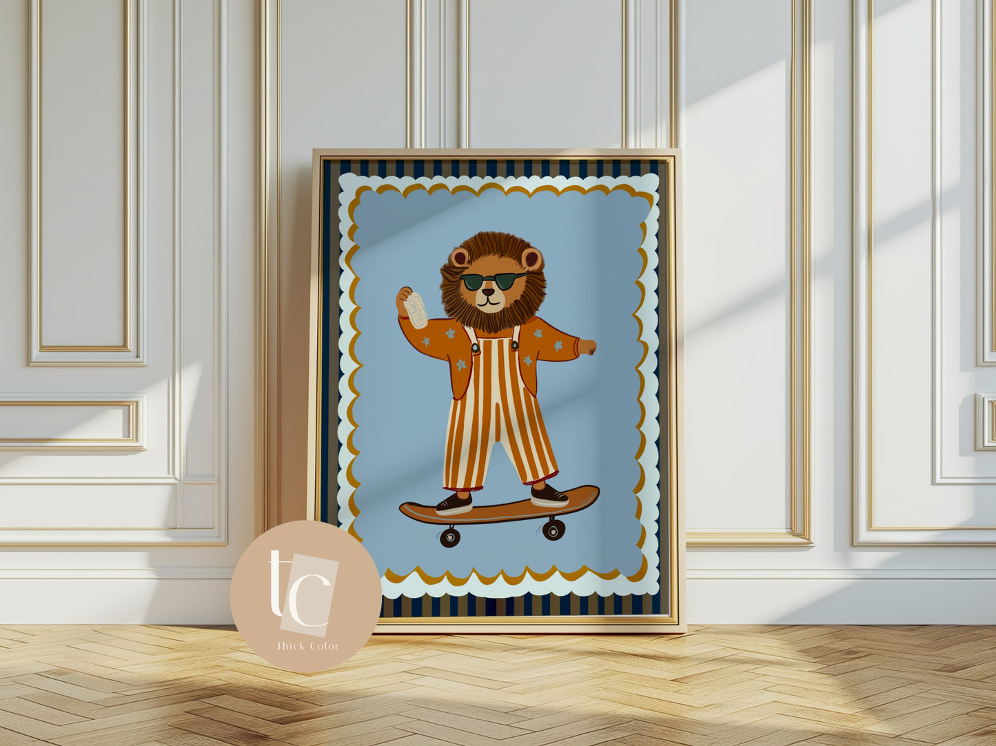 Cute lion with striped outfit skateboarding Nursery print