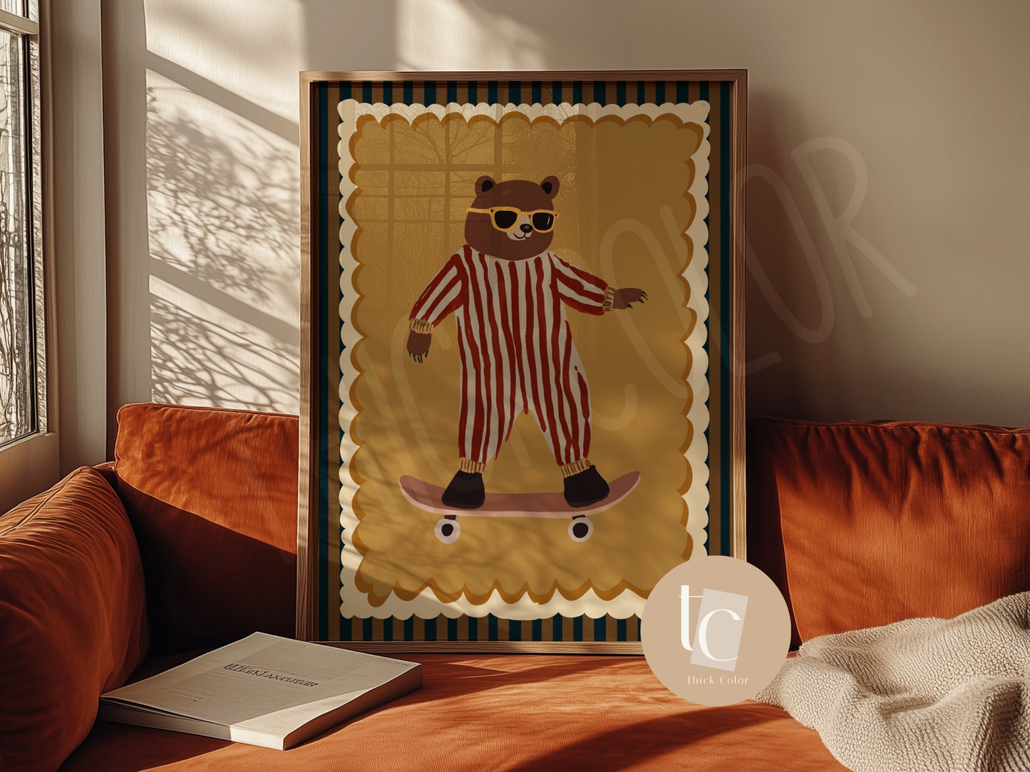 Cute bear with striped outfit skateboarding Nursery print