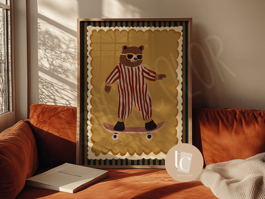 Cute bear with striped outfit skateboarding Nursery print