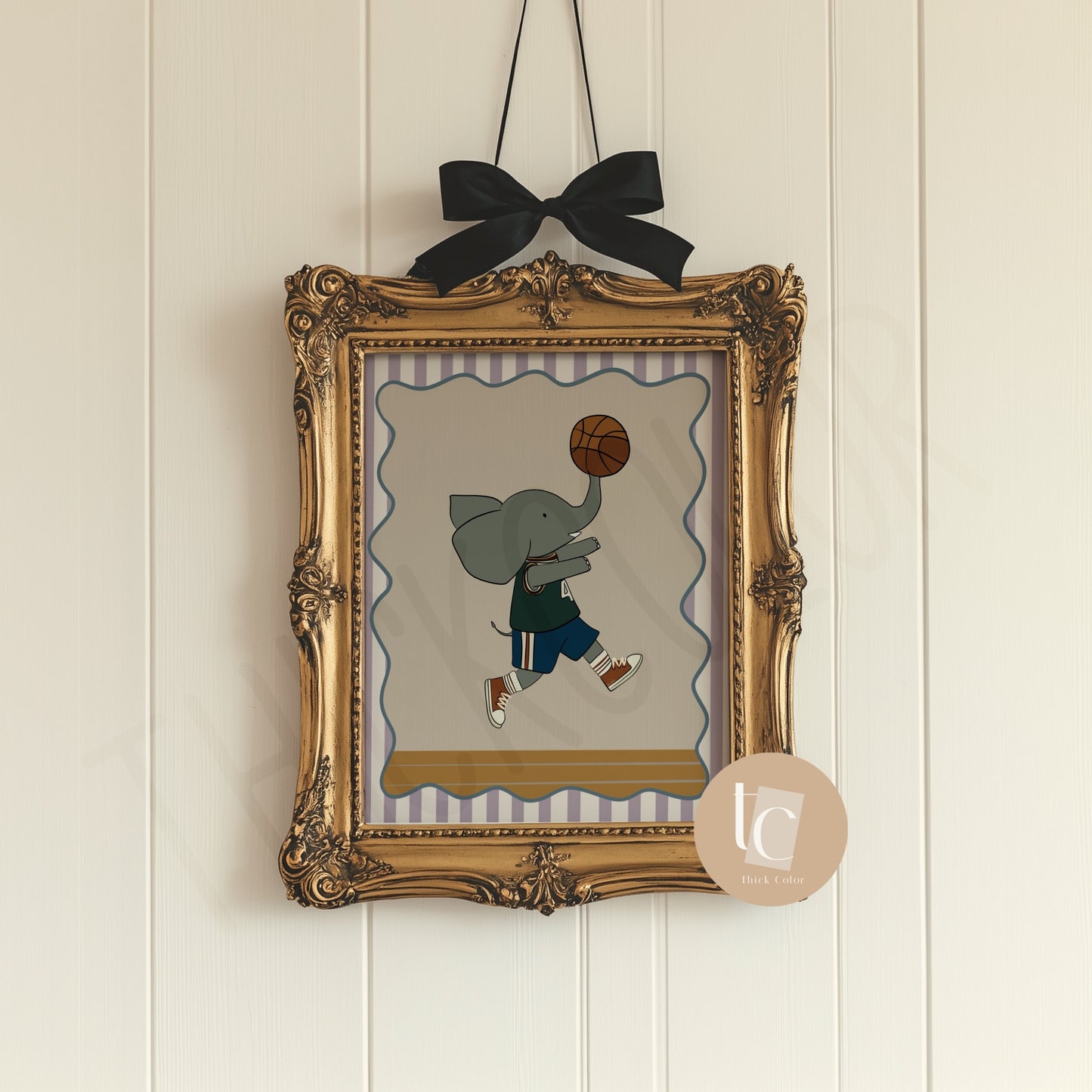 Cute elephant playing basketball with striped background Nursery print