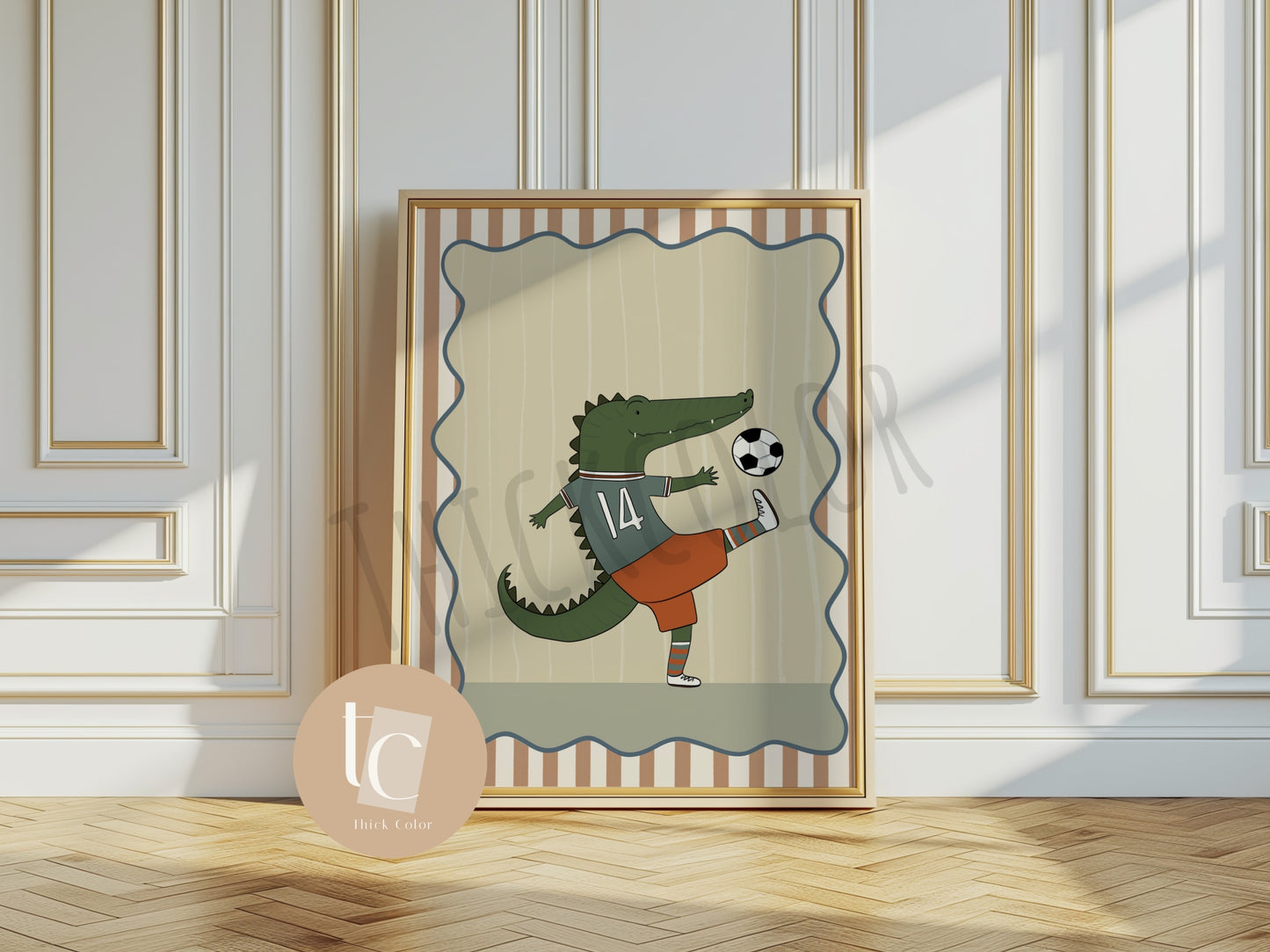 Cute Crocodile playing soccer with striped background Nursery print