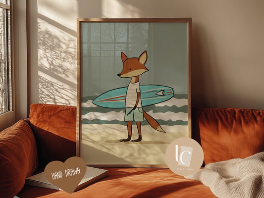 Cute fox with surfboard Nursery print