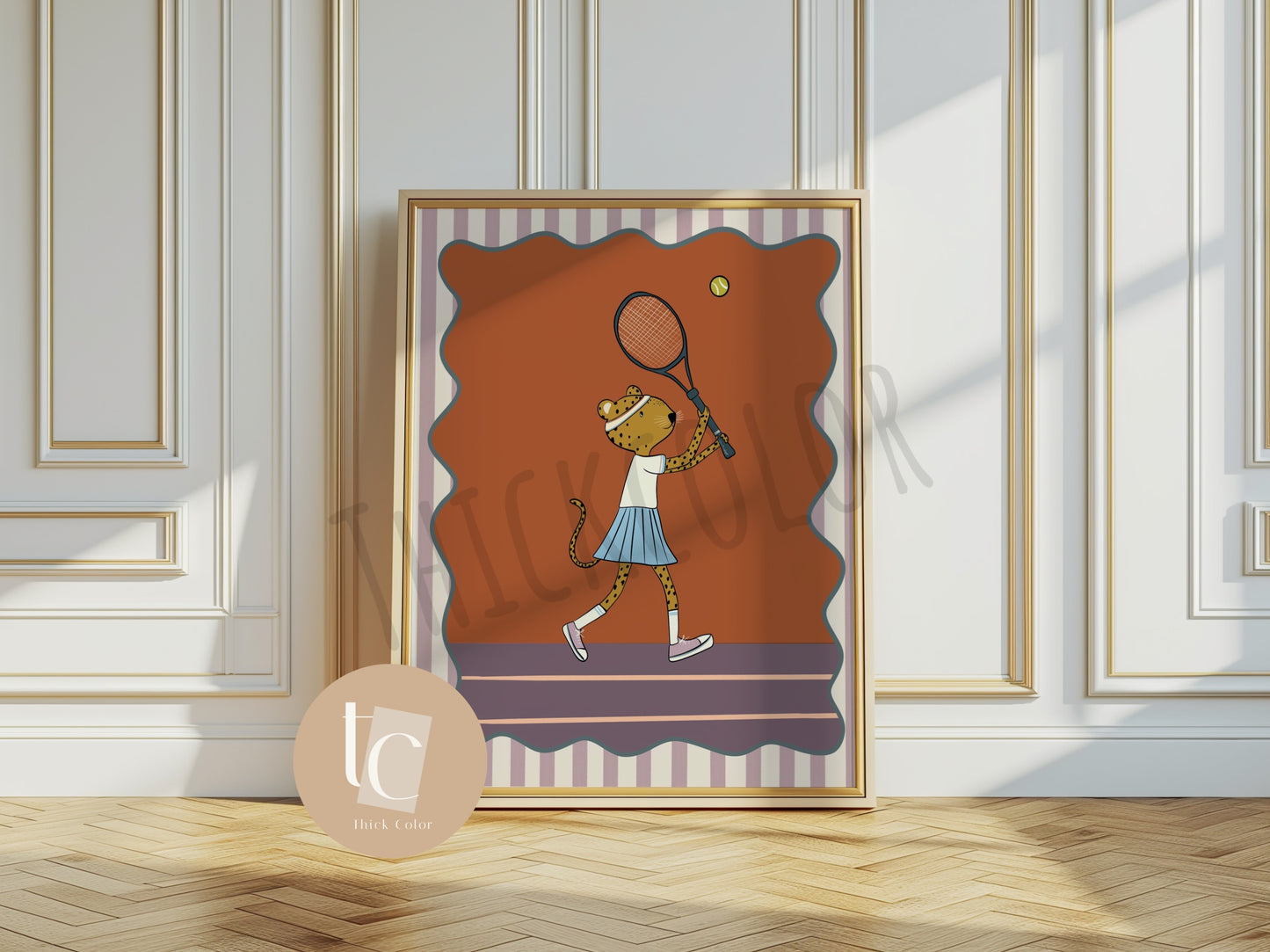 Cute leopard playing tennis with striped background Nursery print