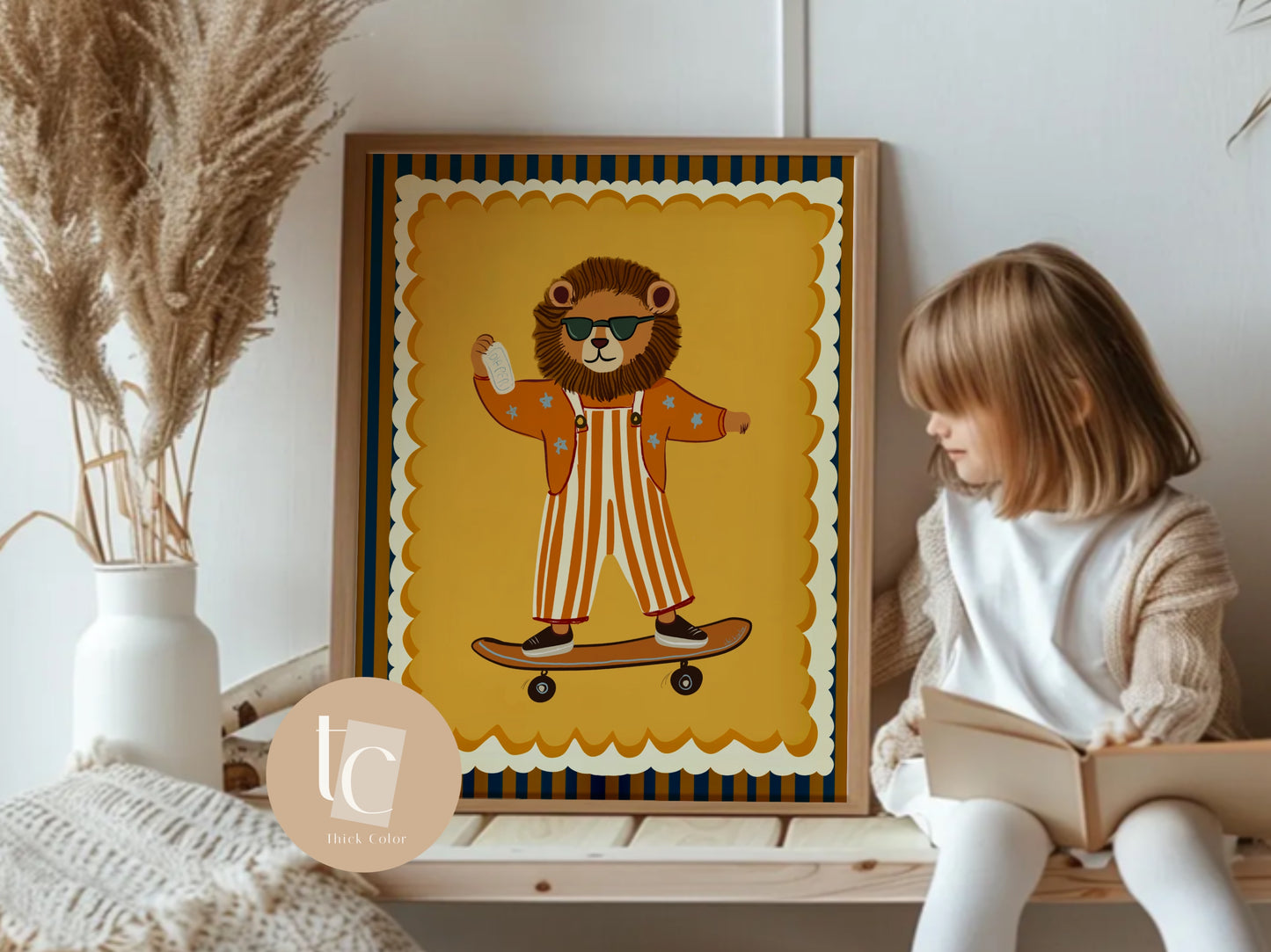 Cute lion with striped outfit skateboarding Nursery print