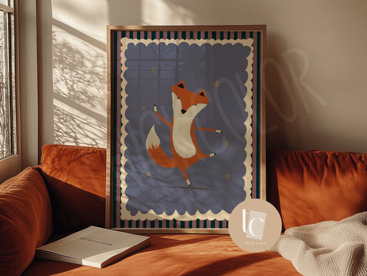 Dancing Fox with Purple Background with Stripes Nursery Print