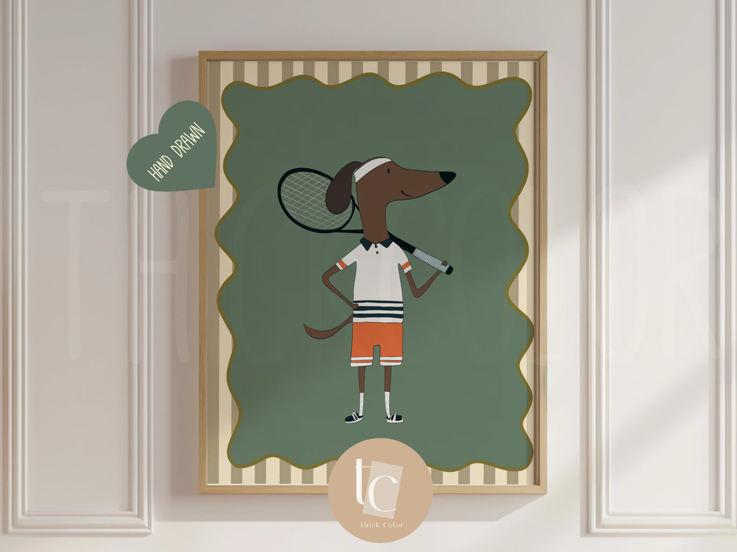 Cute Daschund dog playing tennis with striped background Nursery print