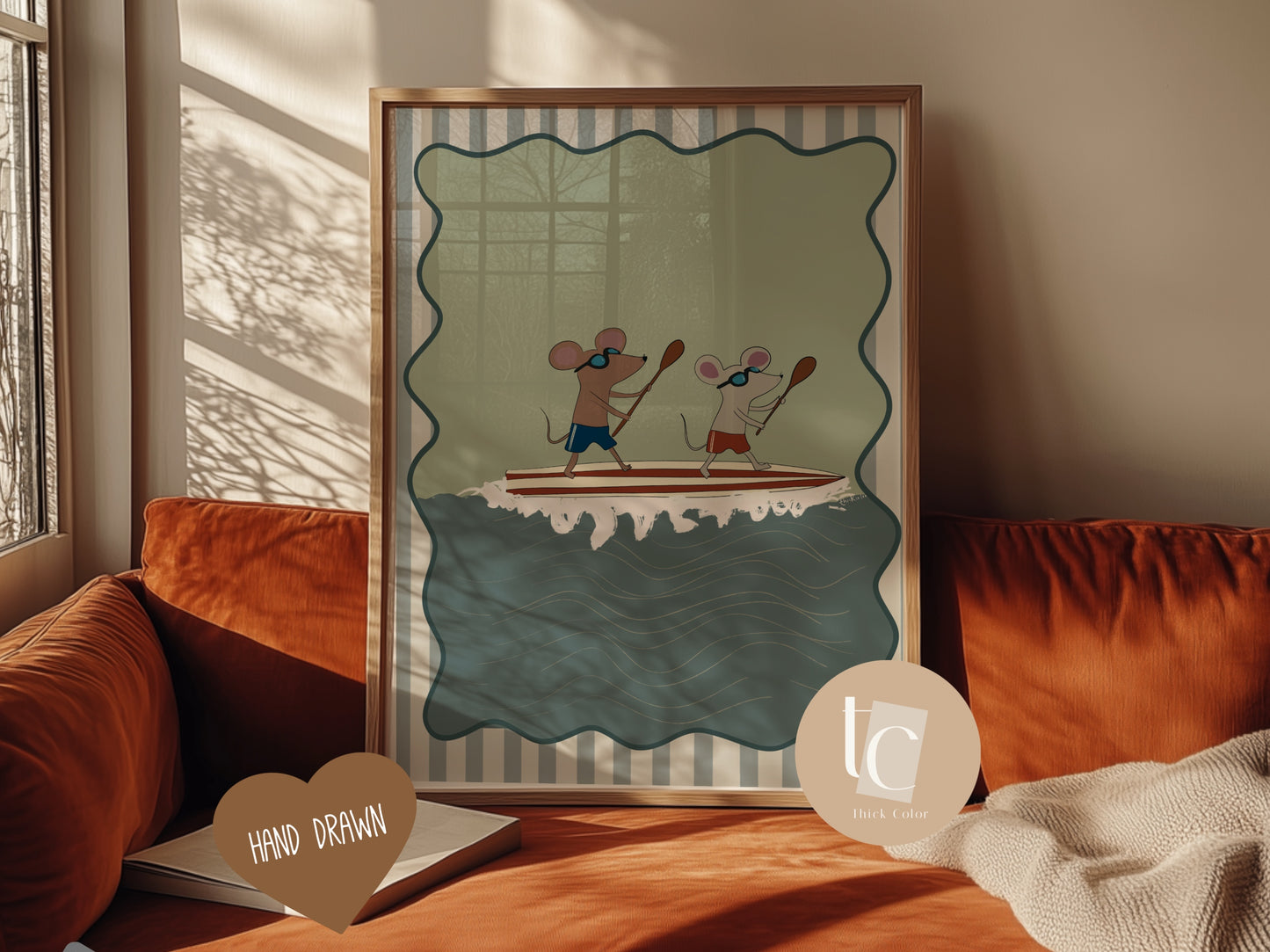 Cute Mice paddle boarding with striped background Nursery print