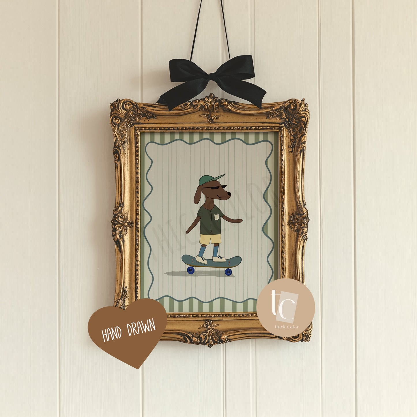 Cute Daschund dog skateboarding with striped background Nursery print