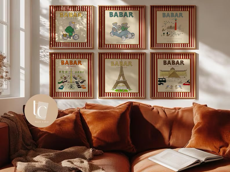 Babar le petit éléphant travelling print with red or blue stripes set of 6