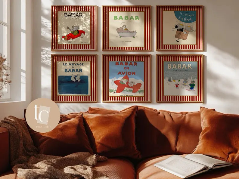 Babar le petit éléphant print with red or blue stripes set of 6