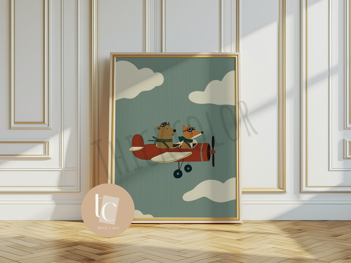 Cute Fox And Bear flying a jet plane with striped background Nursery print