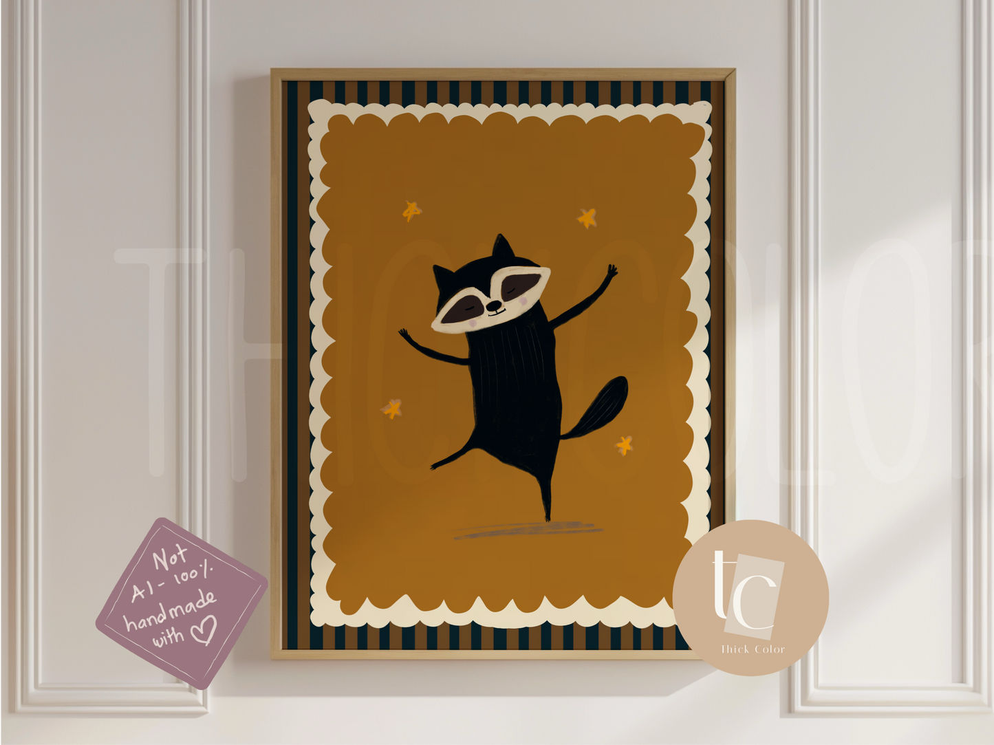 Meerkat Dancing Ochre Background with Stripes Nursery Print