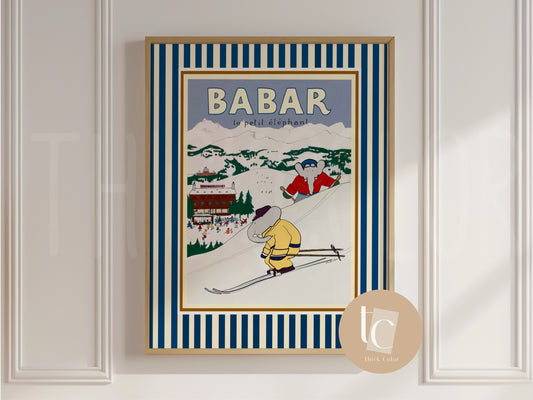 Babar and friend éléphant skiing print