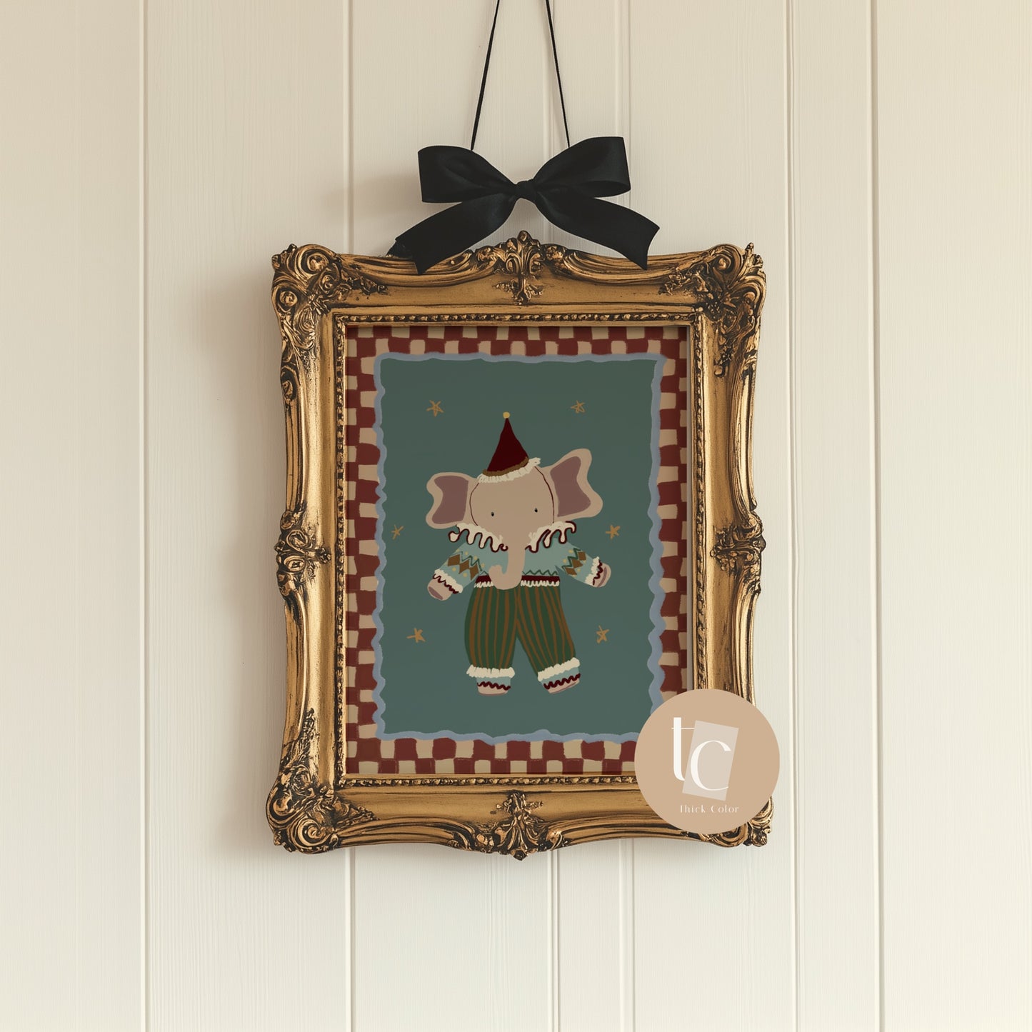 Whimsical elephant with red hat nursery print
